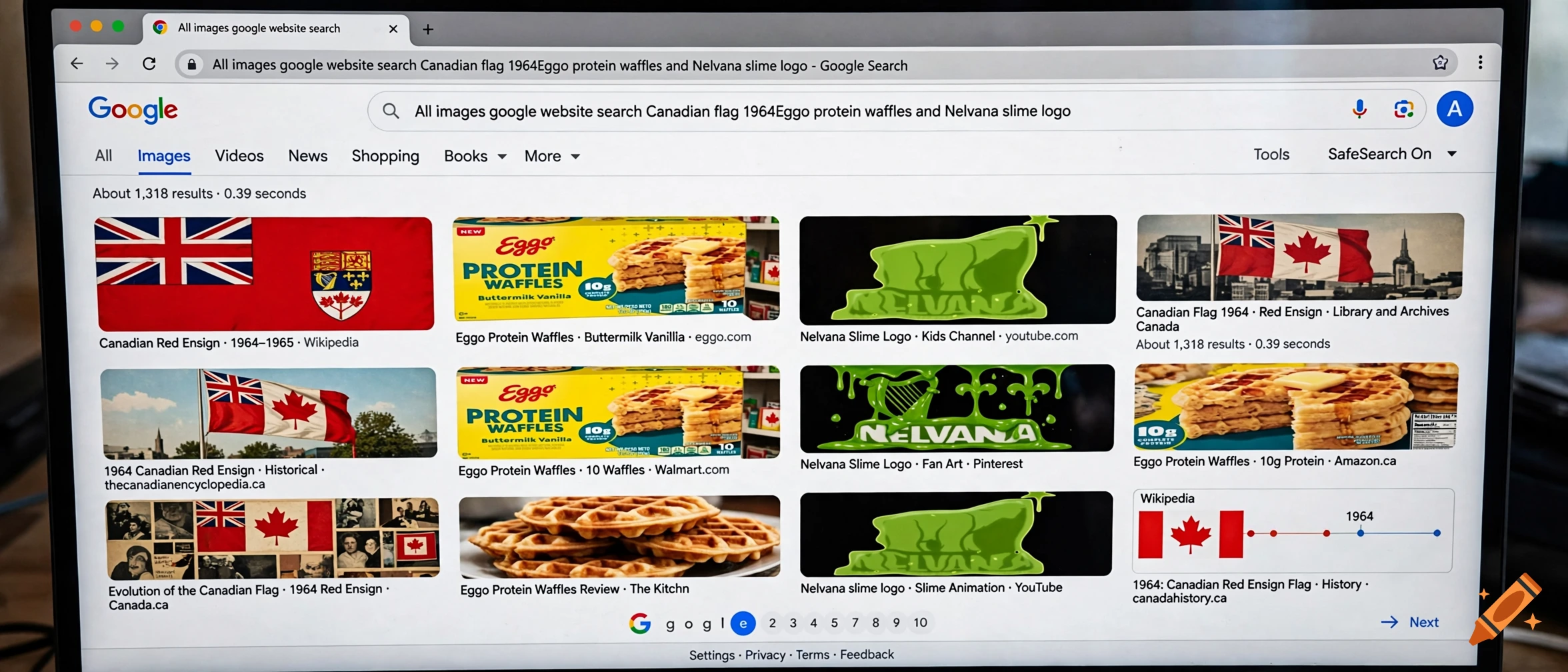 A computer screen showing a Google image search results page for Canadian flags and Eggo waffles.