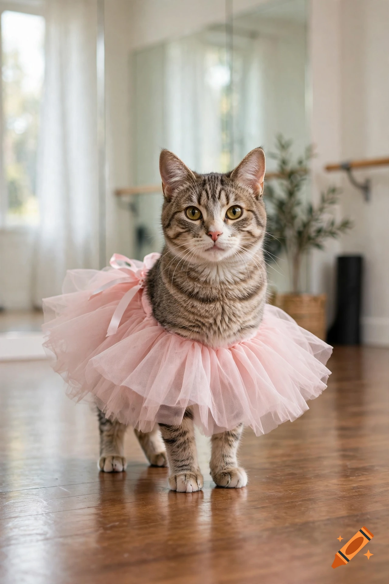 Photorealistic image of a tabby cat standing on a wooden floor, wearing a fluffy light pink tutu in a bright room.