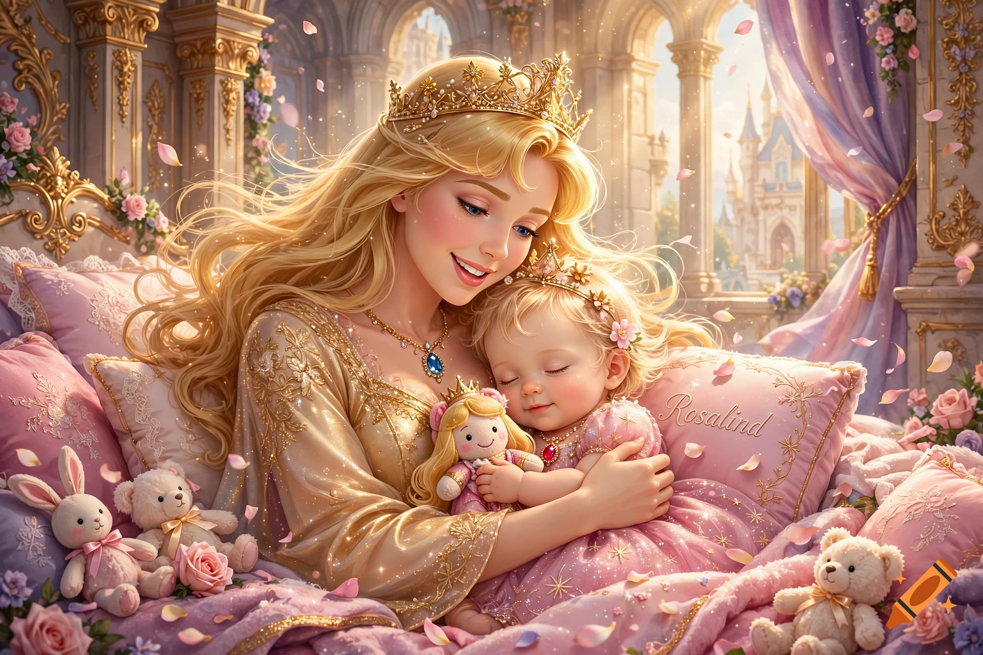 An enchanting digital illustration of a blonde queen in a golden dress lovingly embracing and holding her sleeping baby princess in a royal castle bedroom filled with plushies.