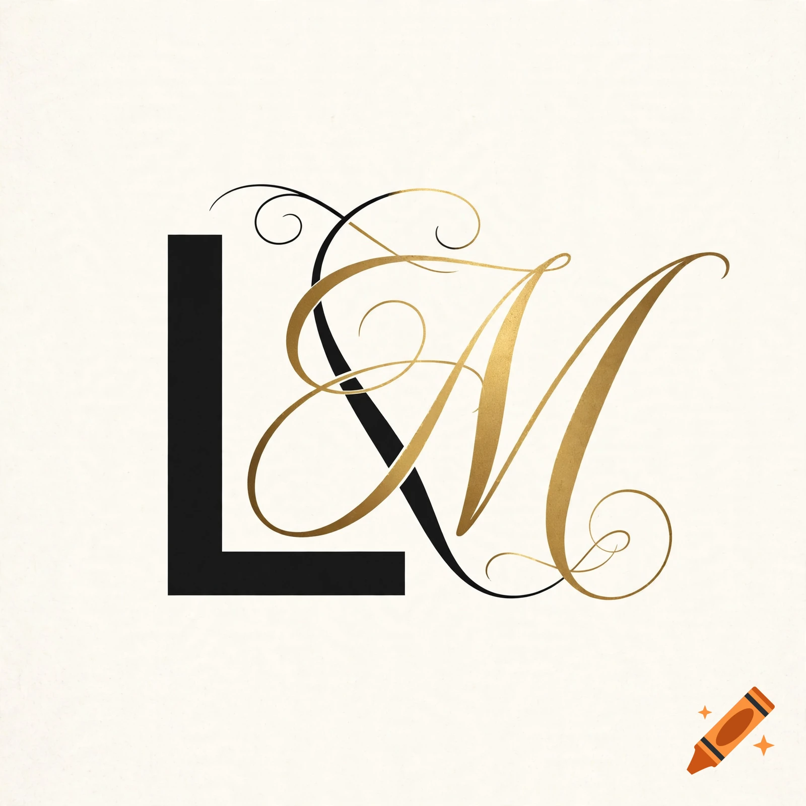 An elegant monogram featuring a black block capital letter L intertwined with a cursive golden letter M on a cream background.