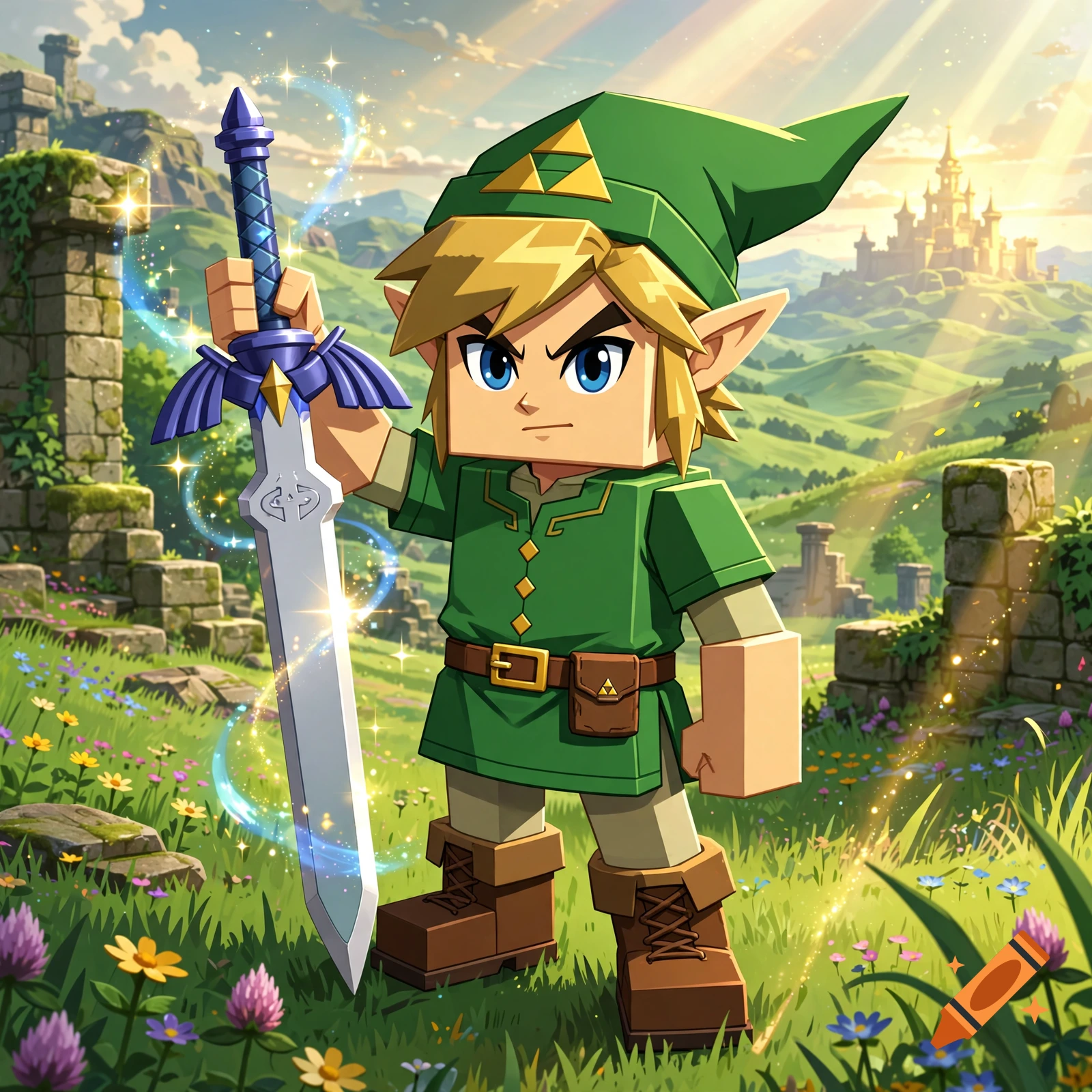 Blocky, stylized video game character holding a magical sword in a grassy, sunny landscape with a distant castle.