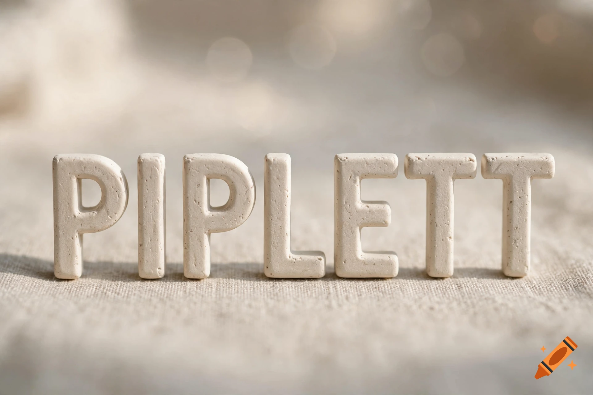 Close-up of beige textured stone letter blocks spelling PIPLETT on a neutral fabric surface.