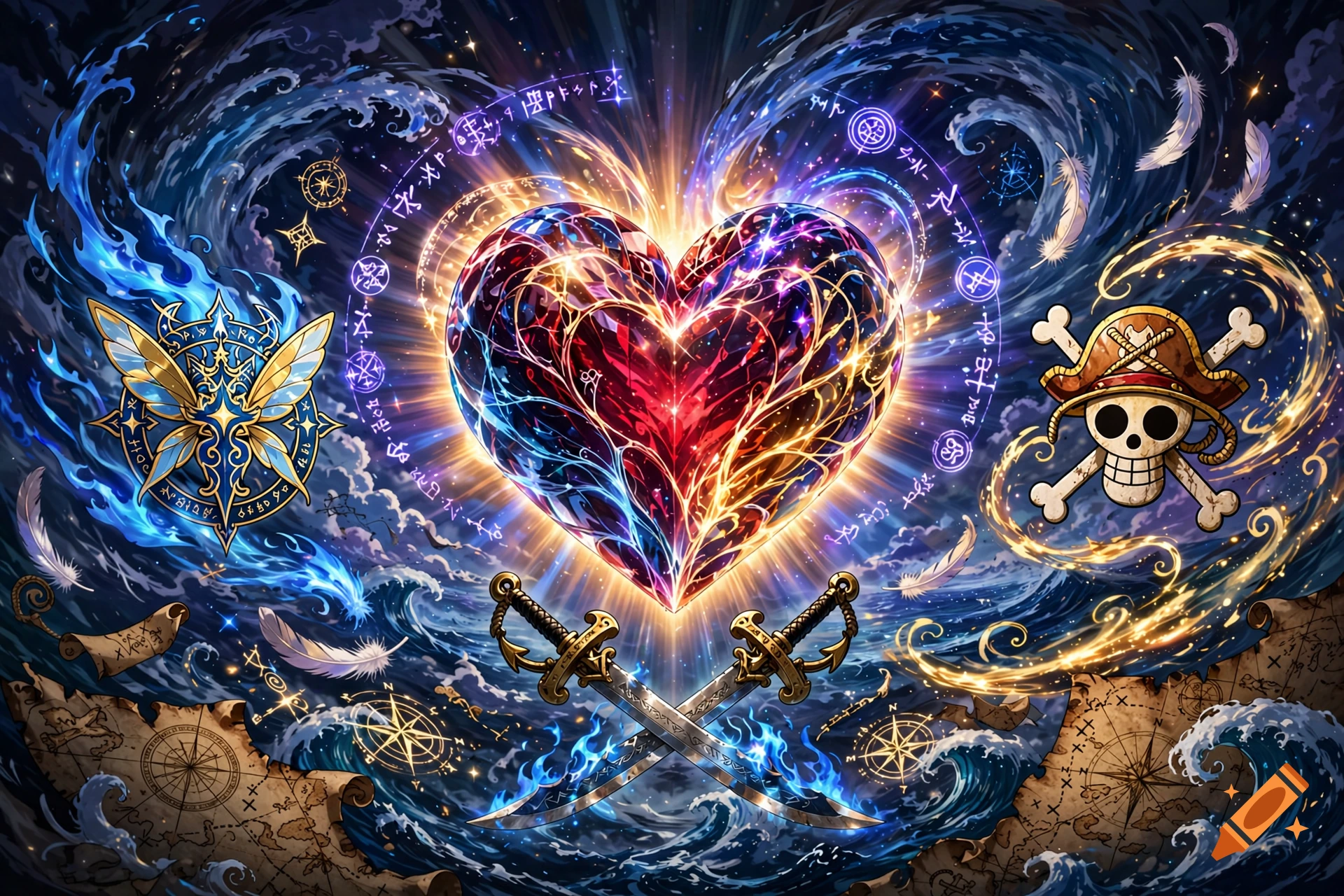 A glowing crystal heart with Fairy Tail and One Piece themed elements against a swirling ocean background.