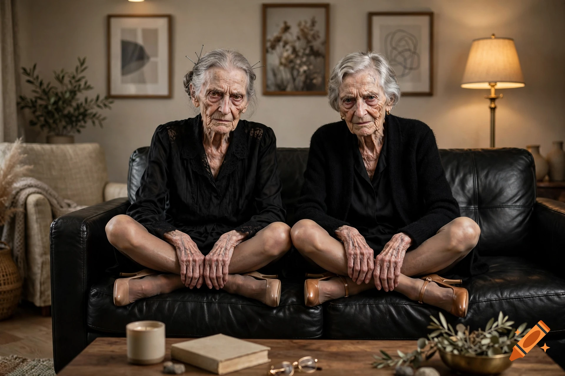 Two elderly women with gray hair wearing black outfits and high heels, sitting cross-legged on a black leather couch in a furnished living room, photorealistic.