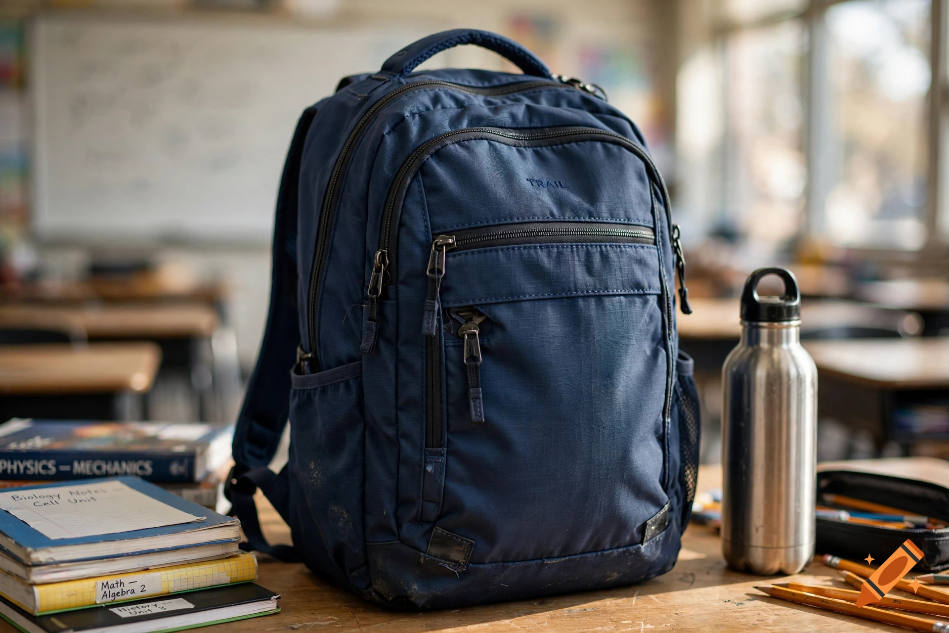 Photorealistic close-up of a blue backpack, a water bottle, and stacked school books on a wooden classroom desk.