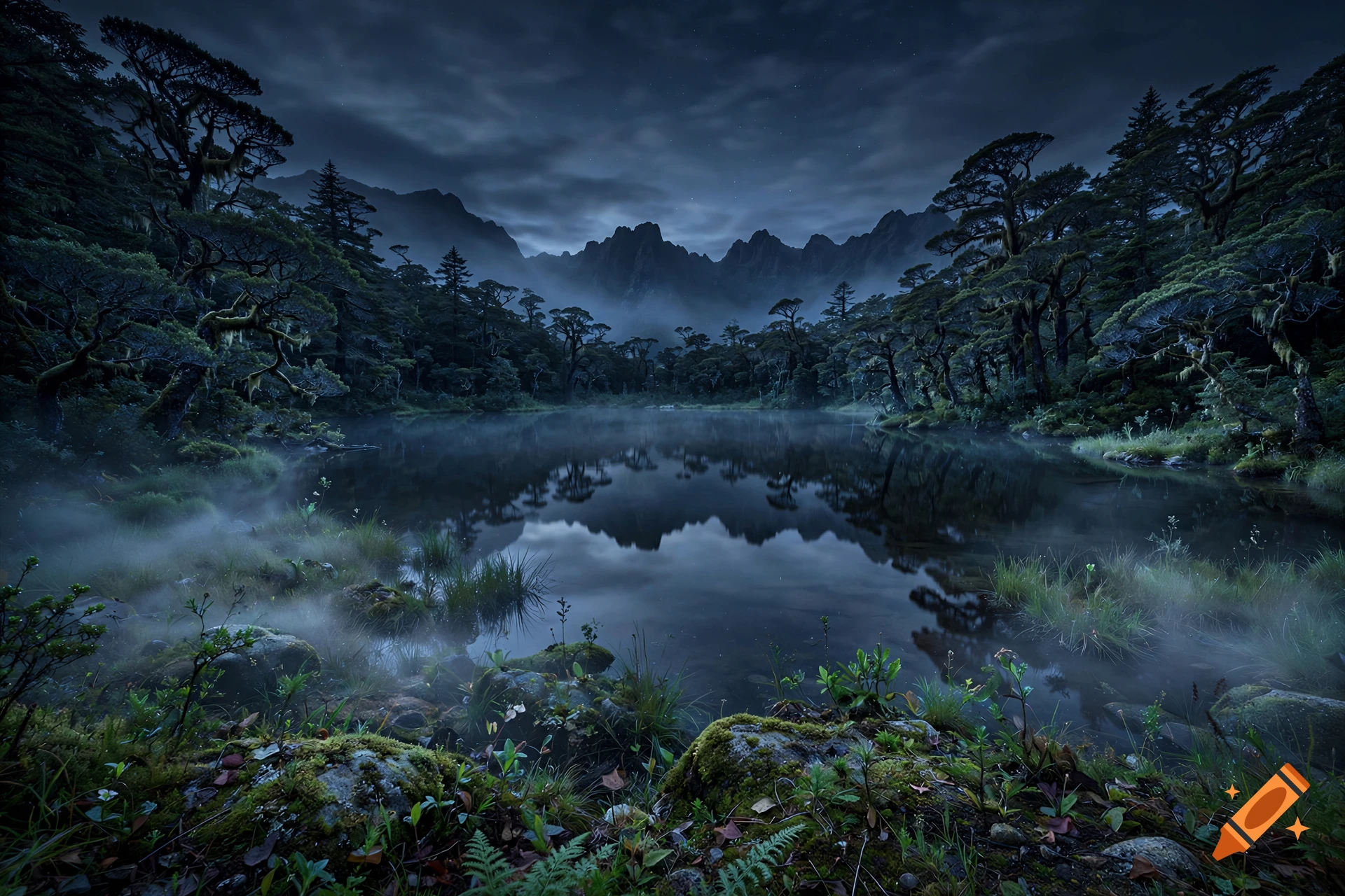 A dark night landscape featuring a tranquil mountain lake surrounded by dense evergreen forests and misty fog, photorealistic.