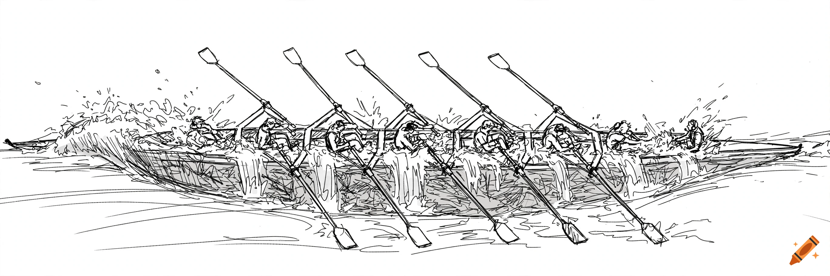 Minimalist black and white line sketch of a crew team in a racing shell navigating rough, turbulent water.