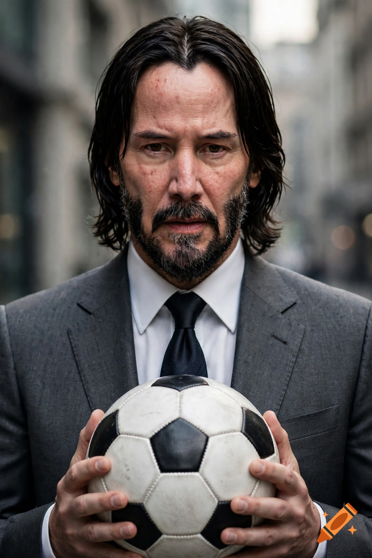 Photorealistic portrait of John Wick wearing a grey suit, holding a soccer ball with a determined expression.