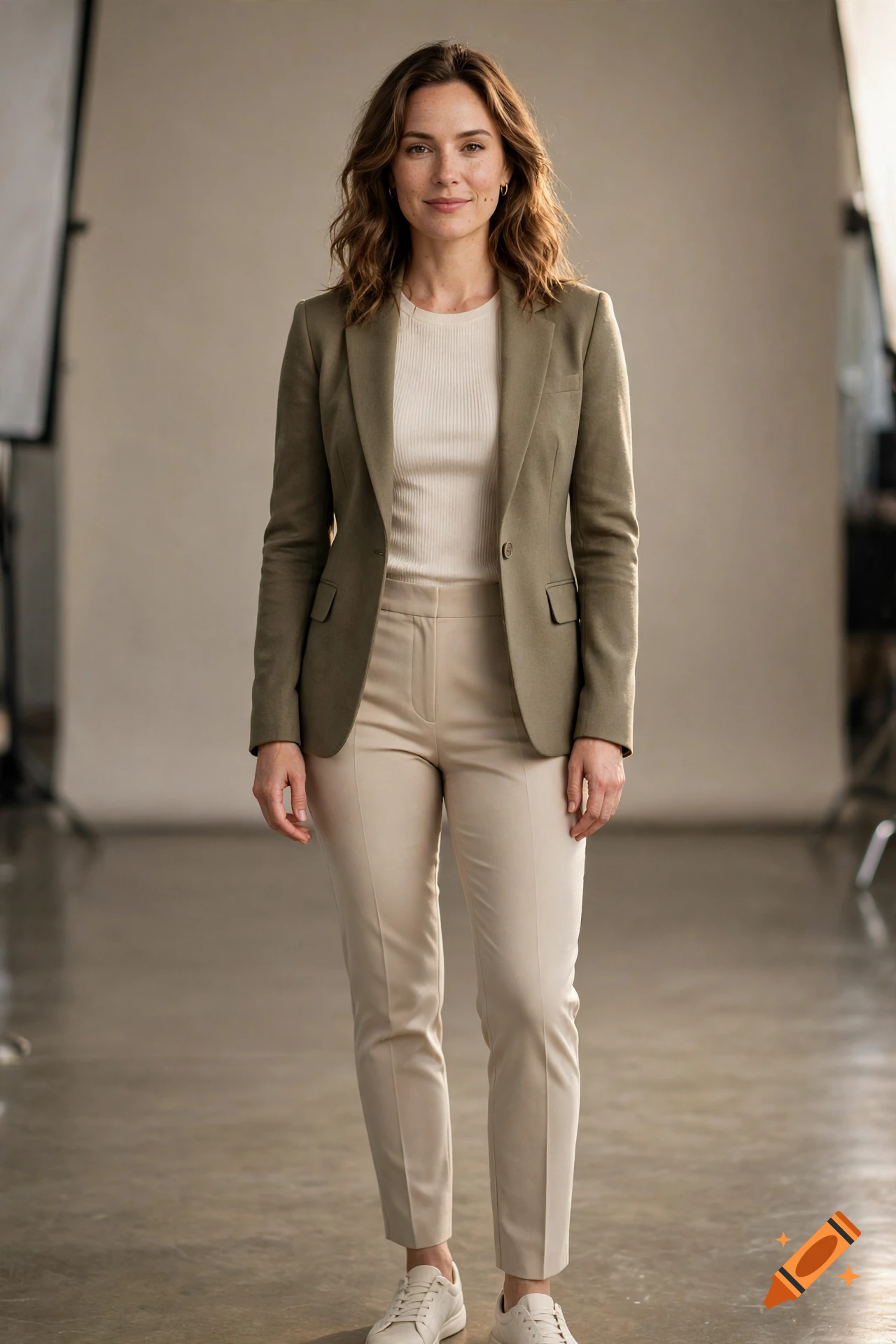 Photorealistic full-body portrait of a smiling woman with brown hair, wearing an olive blazer, beige top, and trousers against a neutral background.