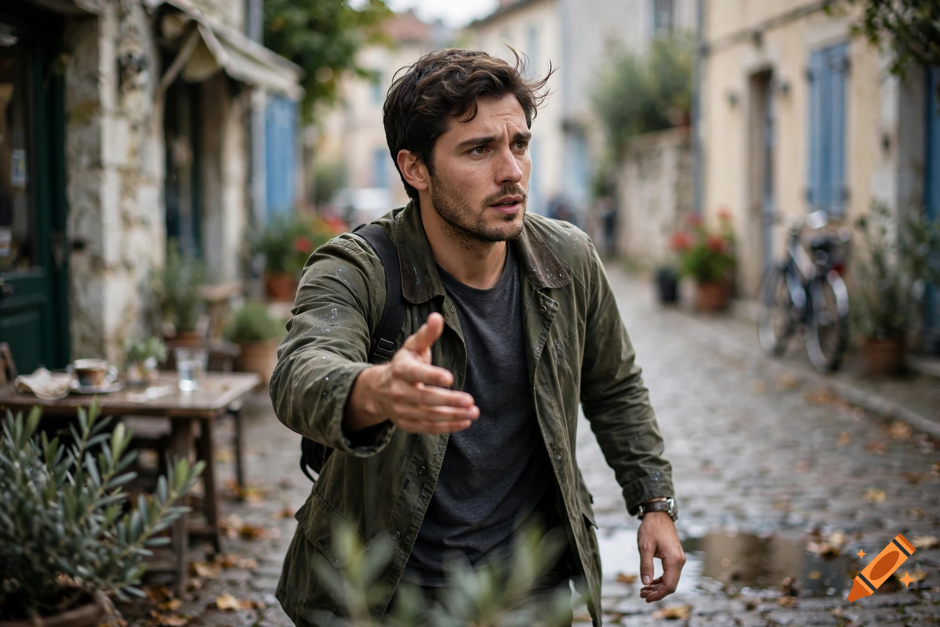 A photorealistic medium shot of a young man with dark hair in a green jacket reaching out his hand on a cobblestone European street.