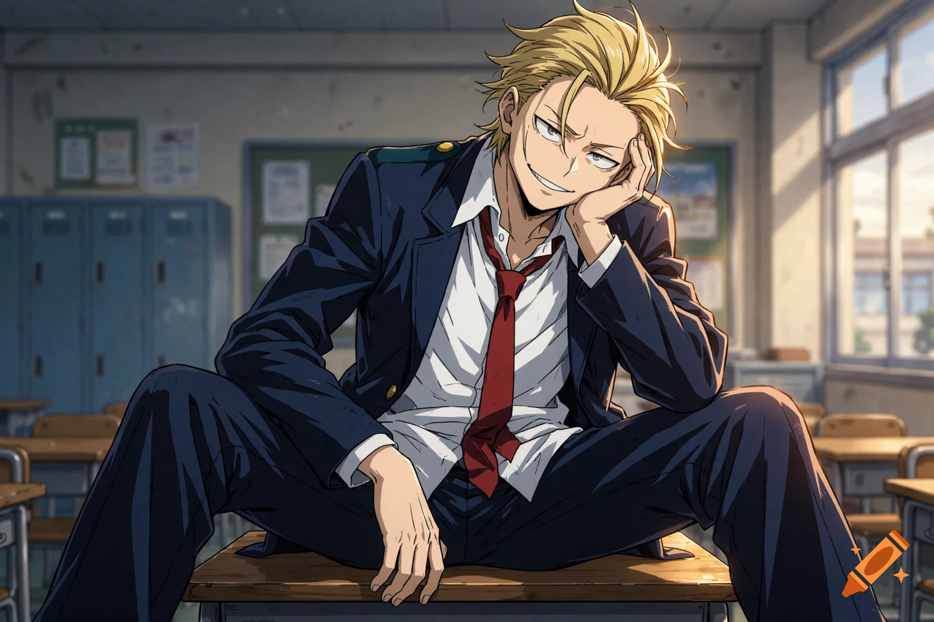 Anime style illustration of a blonde male student with a grin, sitting casually on a classroom desk.