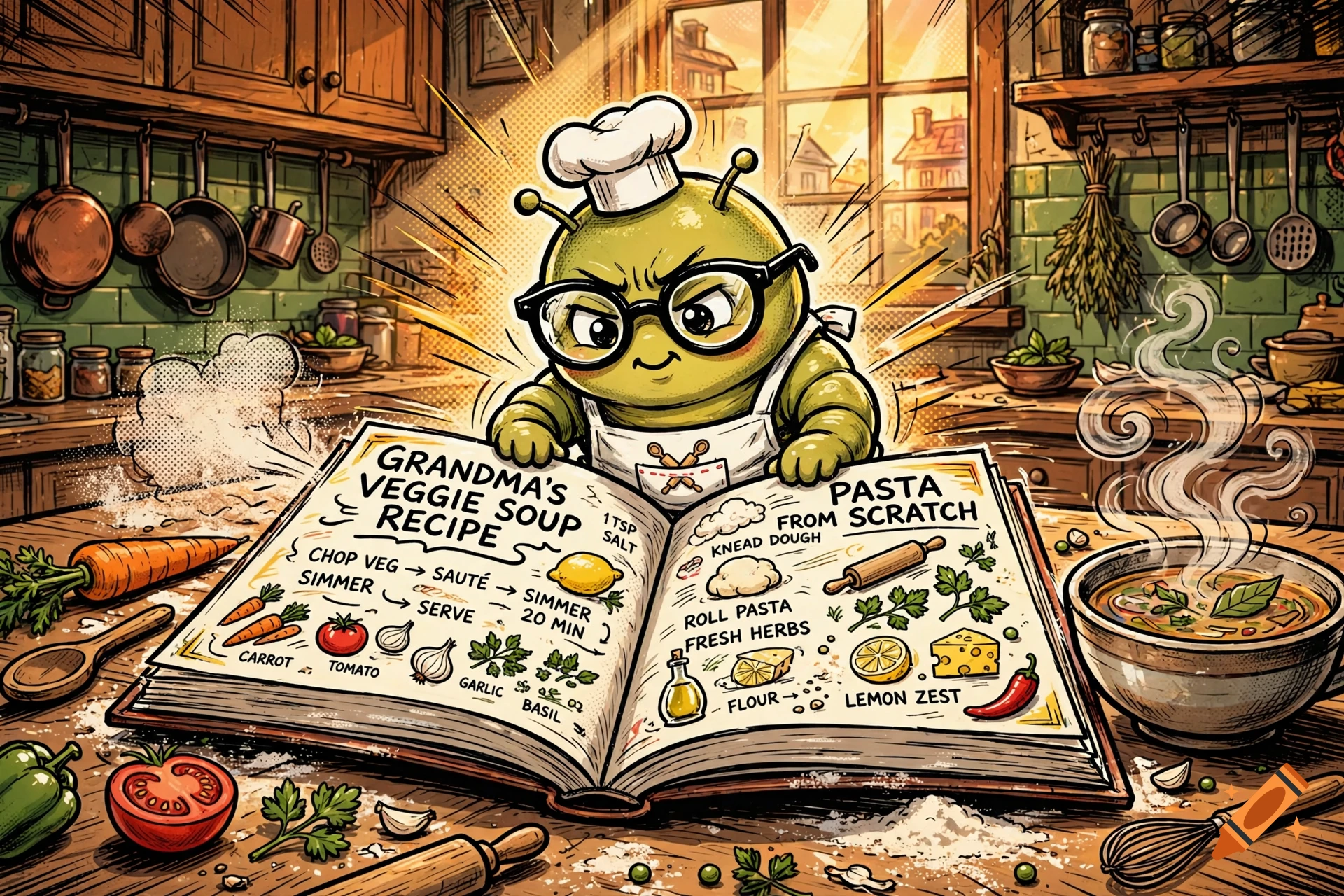 Comic style illustration of a green worm with glasses and chef hat reading a cookbook in a kitchen.