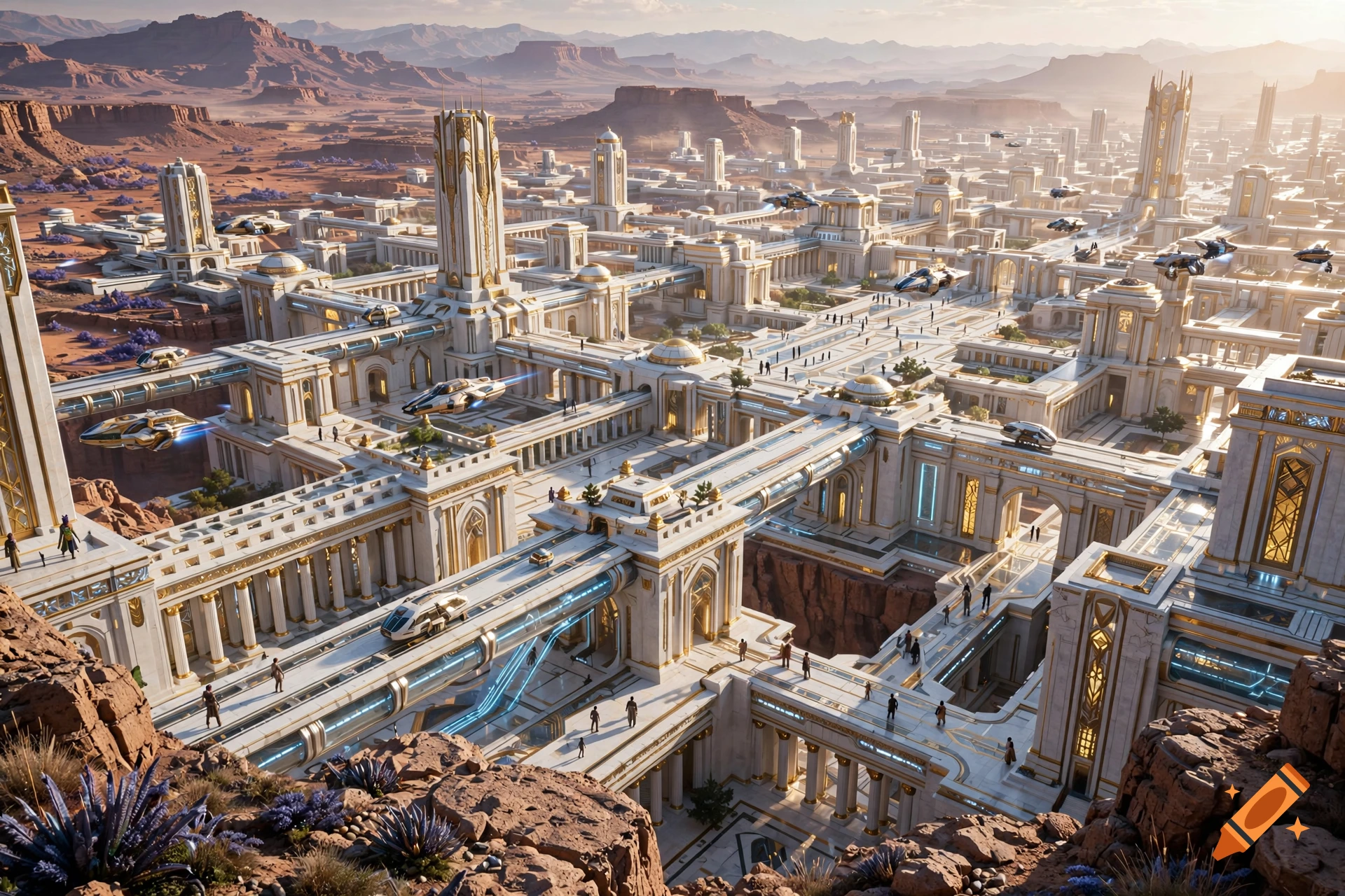 An expansive futuristic white marble and gold city in a canyon desert landscape with flying vehicles, photorealistic style.