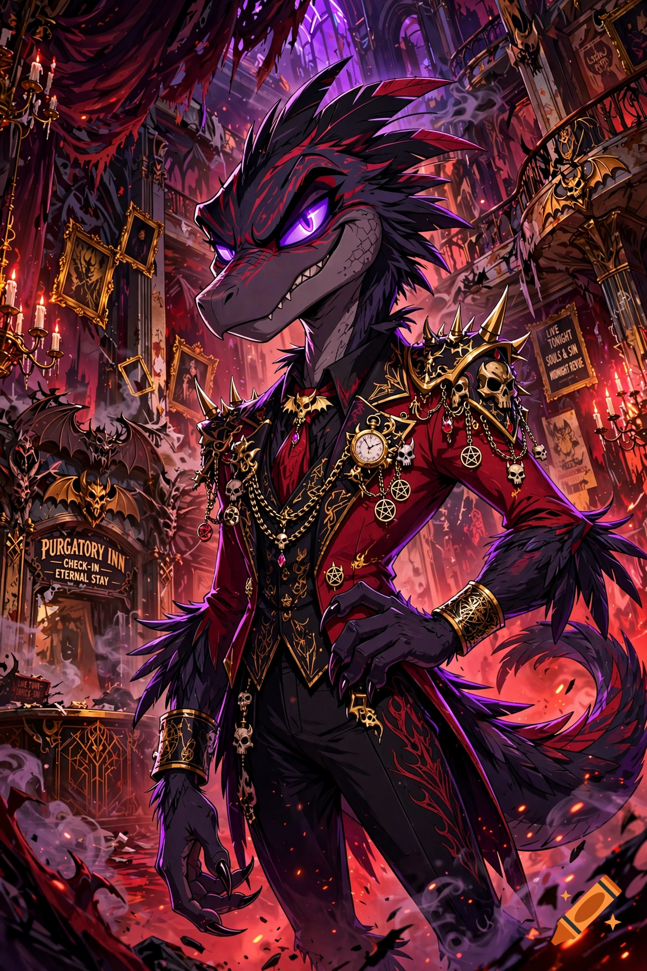 Digital illustration of a reptilian humanoid character in a gothic Victorian suit standing inside a grand, ornate cathedral.