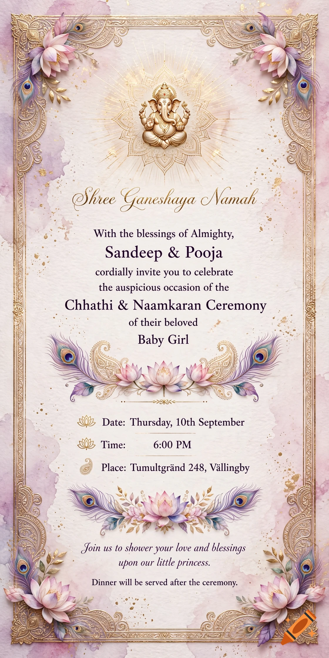 Decorative pink and gold invitation card for Chhathi and Naamkaran Ceremony with Ganesha illustration and peacock feathers.