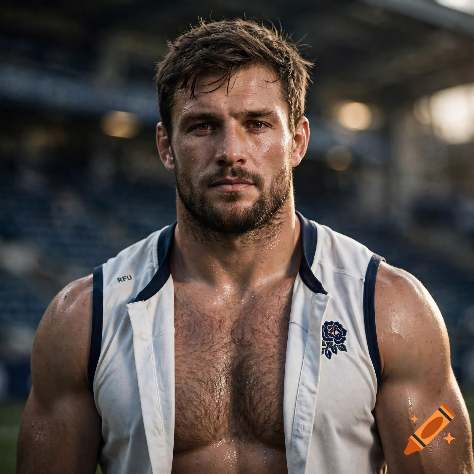 Portrait of a muscular man with a beard, sweating, wearing a white athletic vest with navy trim, standing outdoors in a stadium.
