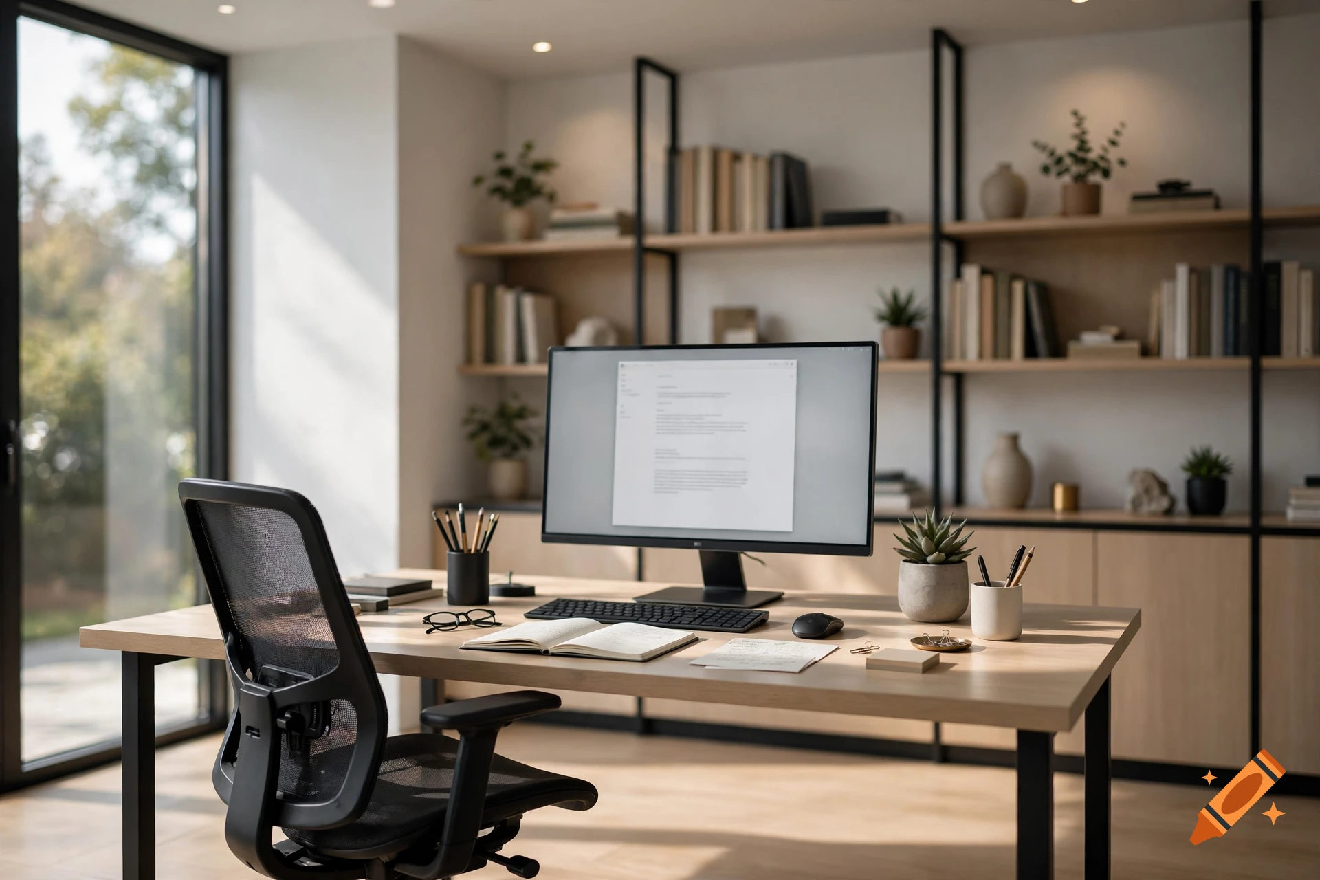 Photorealistic home office with a modern wooden desk, ergonomic chair, computer monitor, and built-in bookshelves.
