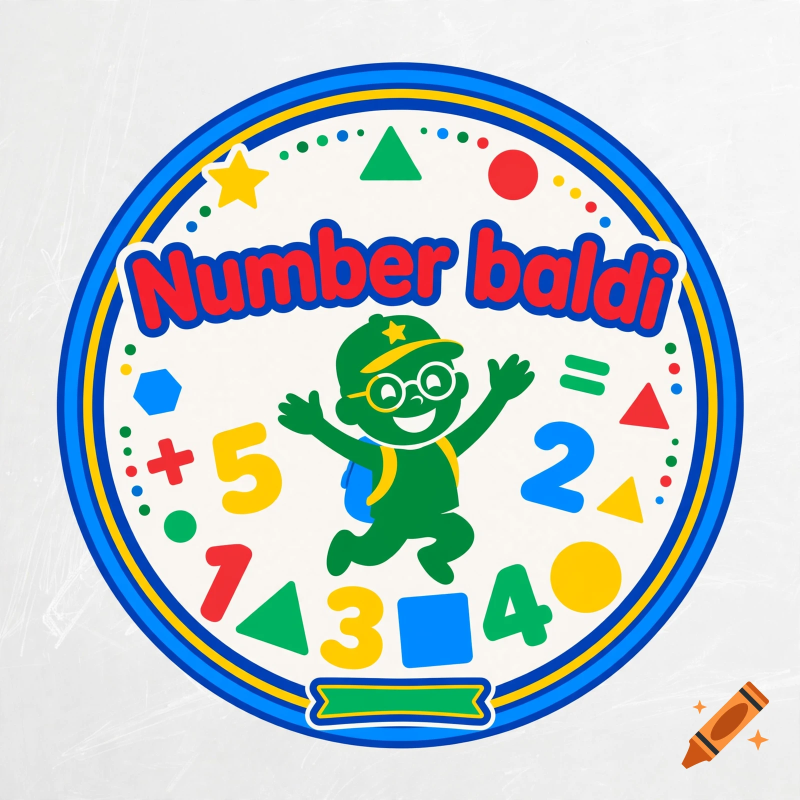 Circular cartoon logo featuring the text Number baldi with a green character and numbers on a white background.