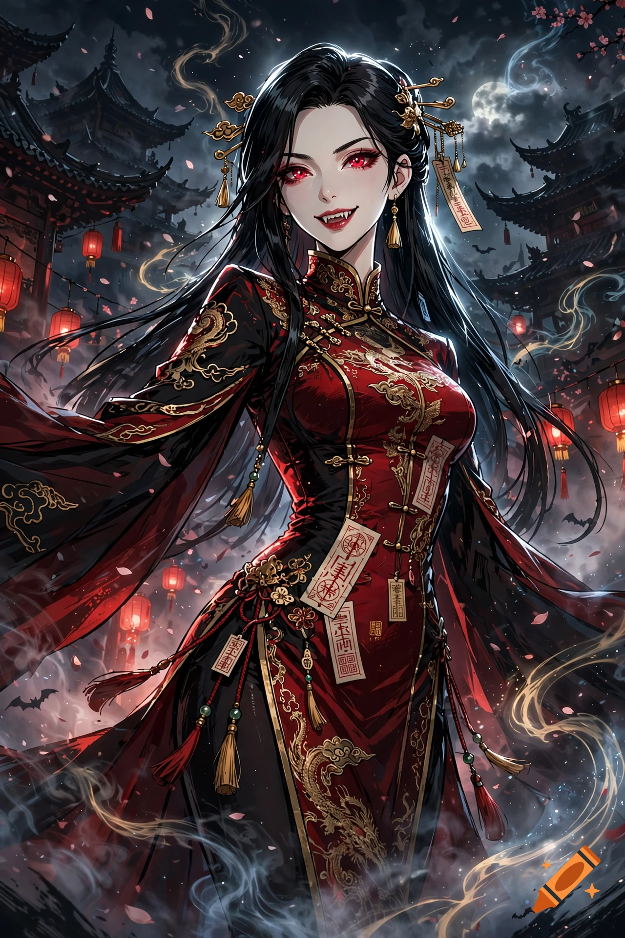Digital anime style illustration of a sexy Chinese vampire woman with red eyes, fangs, and black hair, wearing a red and black qipao dress in a night setting with traditional architecture.
