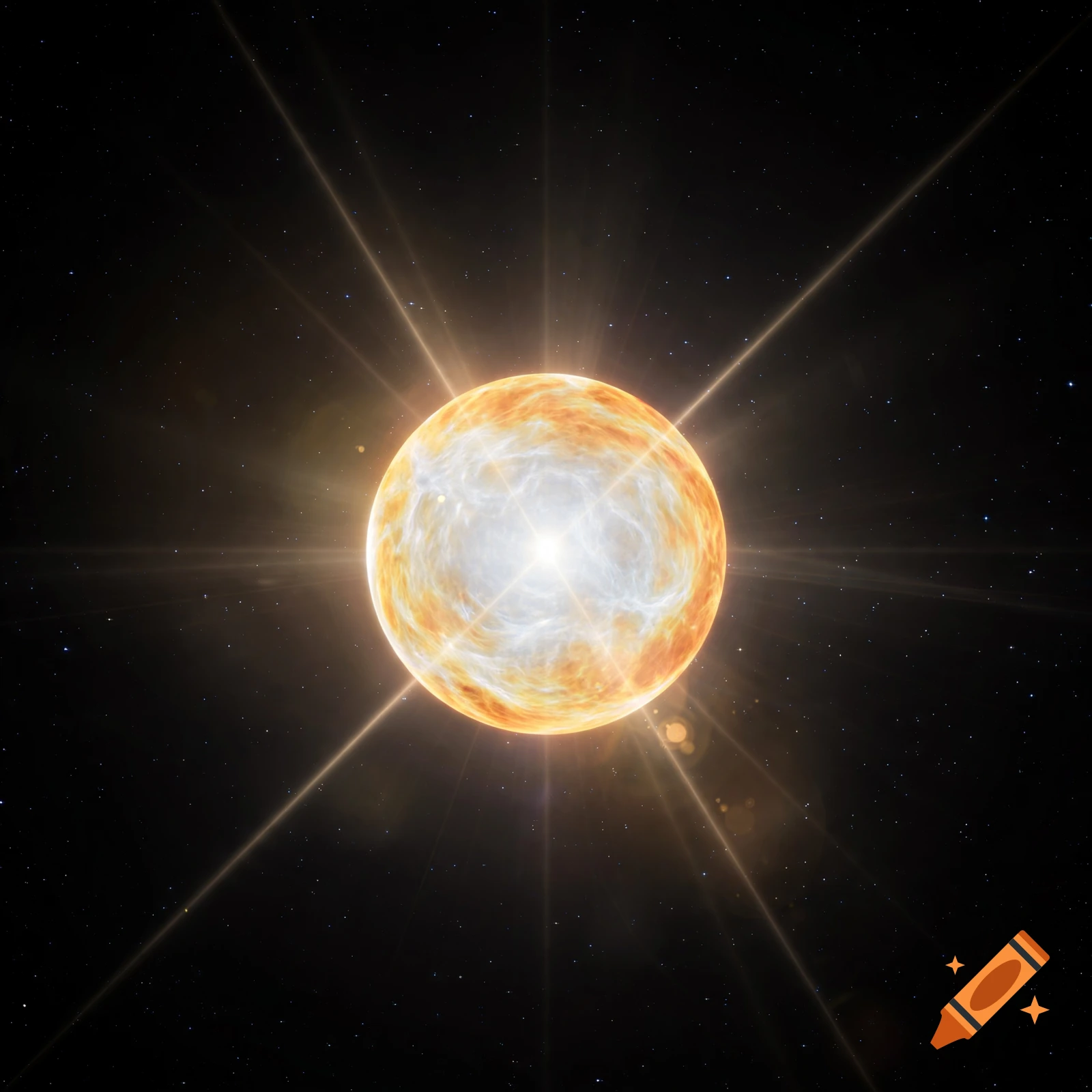 A bright star glowing in the dark expanse of space with lens flare effects and distant stars.