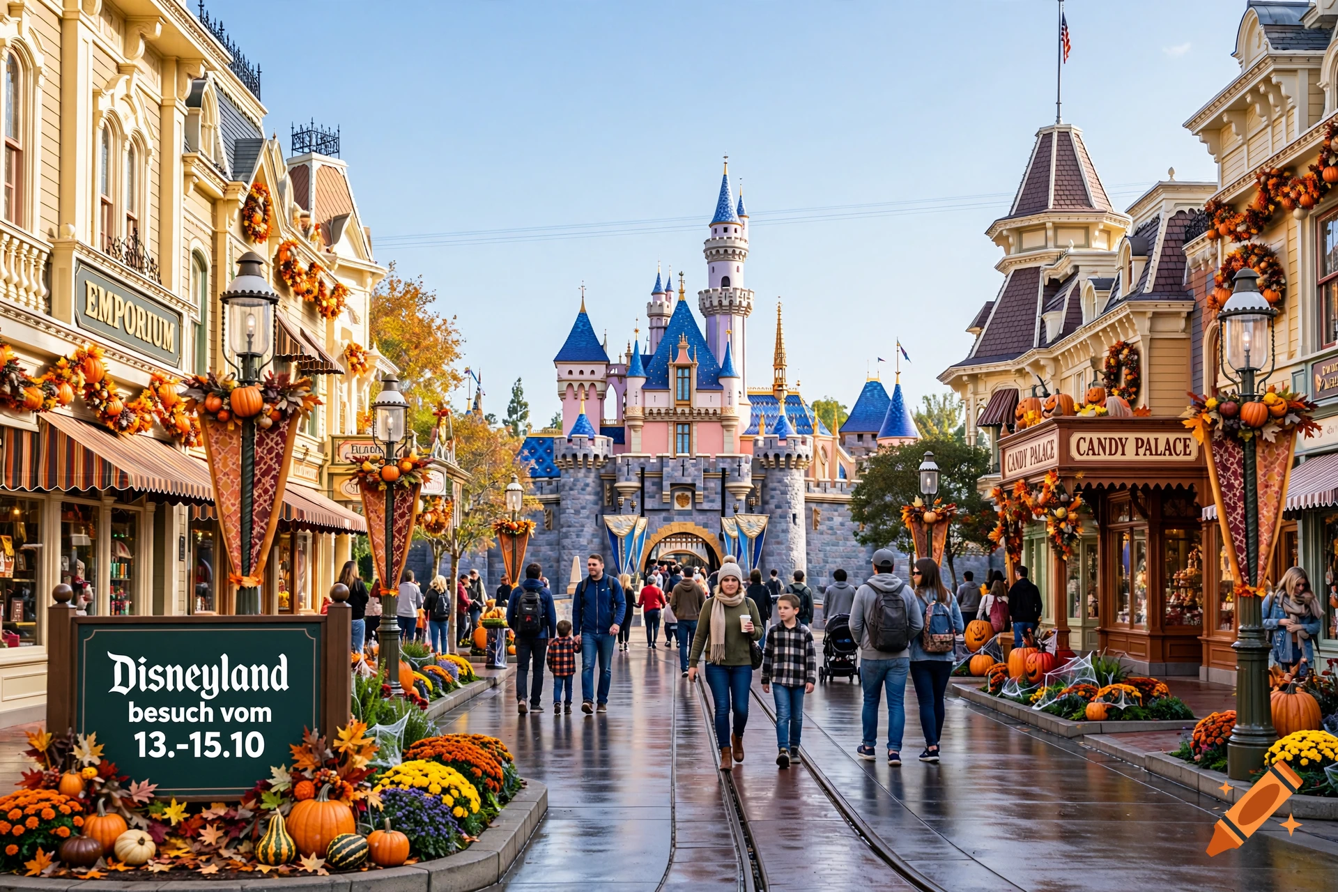 Photorealistic view of a decorated Main Street in a theme park with a castle in the background during autumn.