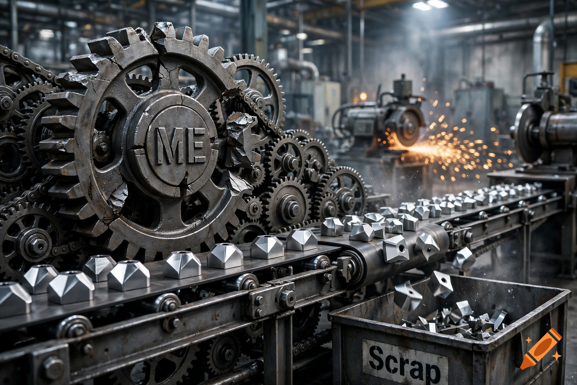 Photorealistic image of an industrial factory interior with a conveyor belt and gears, including one large gear with the letters ME.