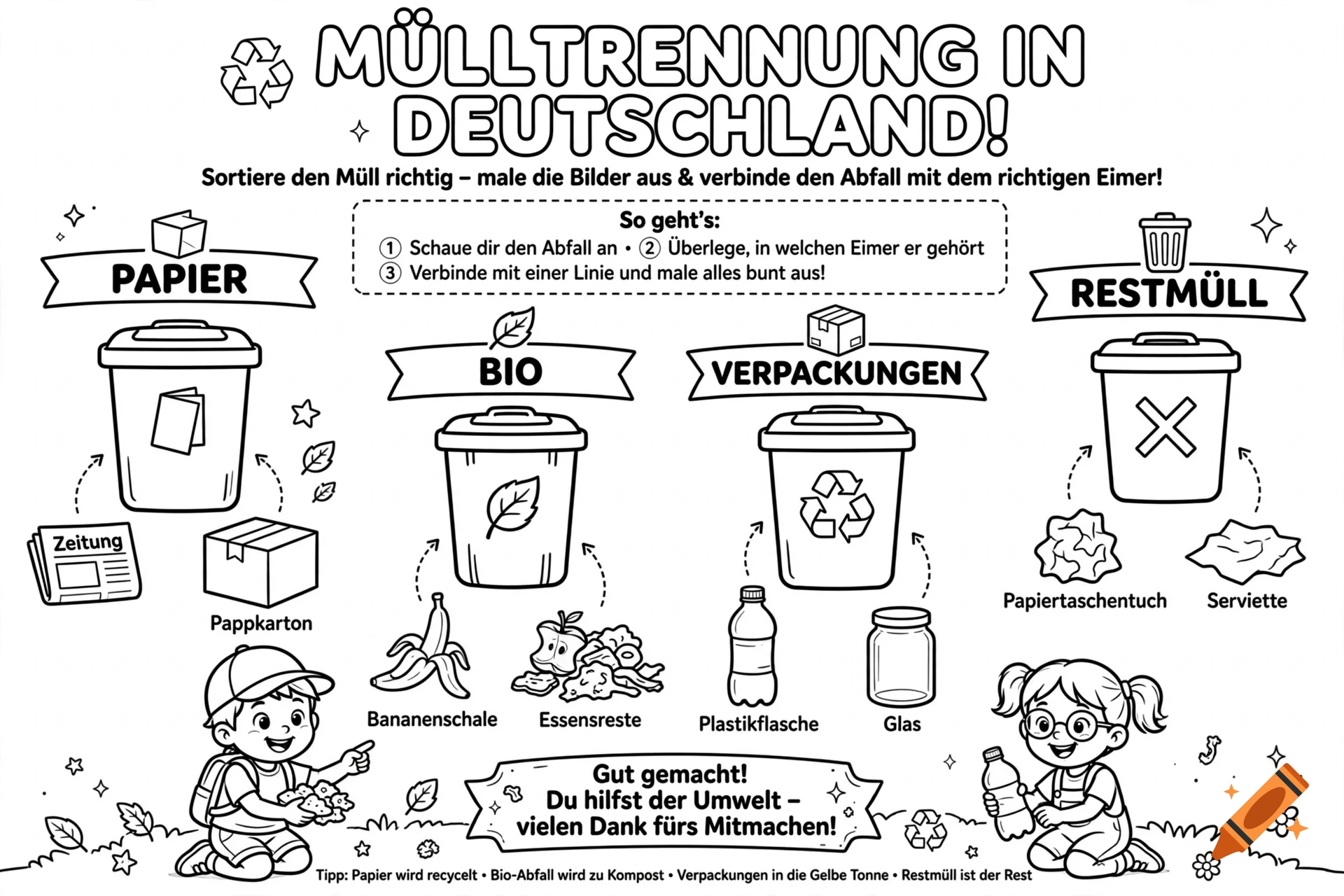 Black and white coloring page for kids about recycling and waste sorting in German with cute characters and bins.