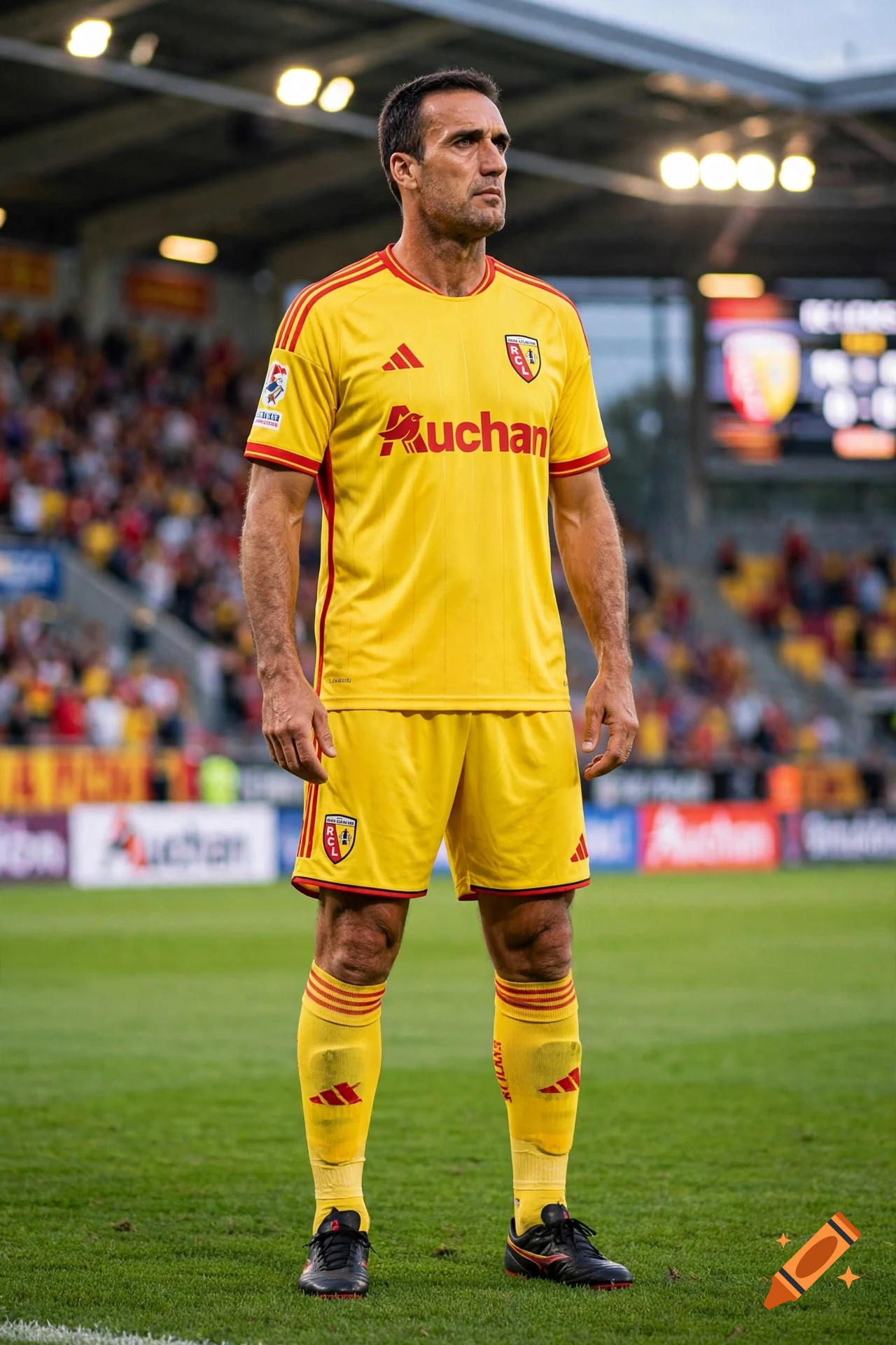 Photorealistic portrait of a soccer player wearing a yellow and red RC Lens jersey on a pitch.