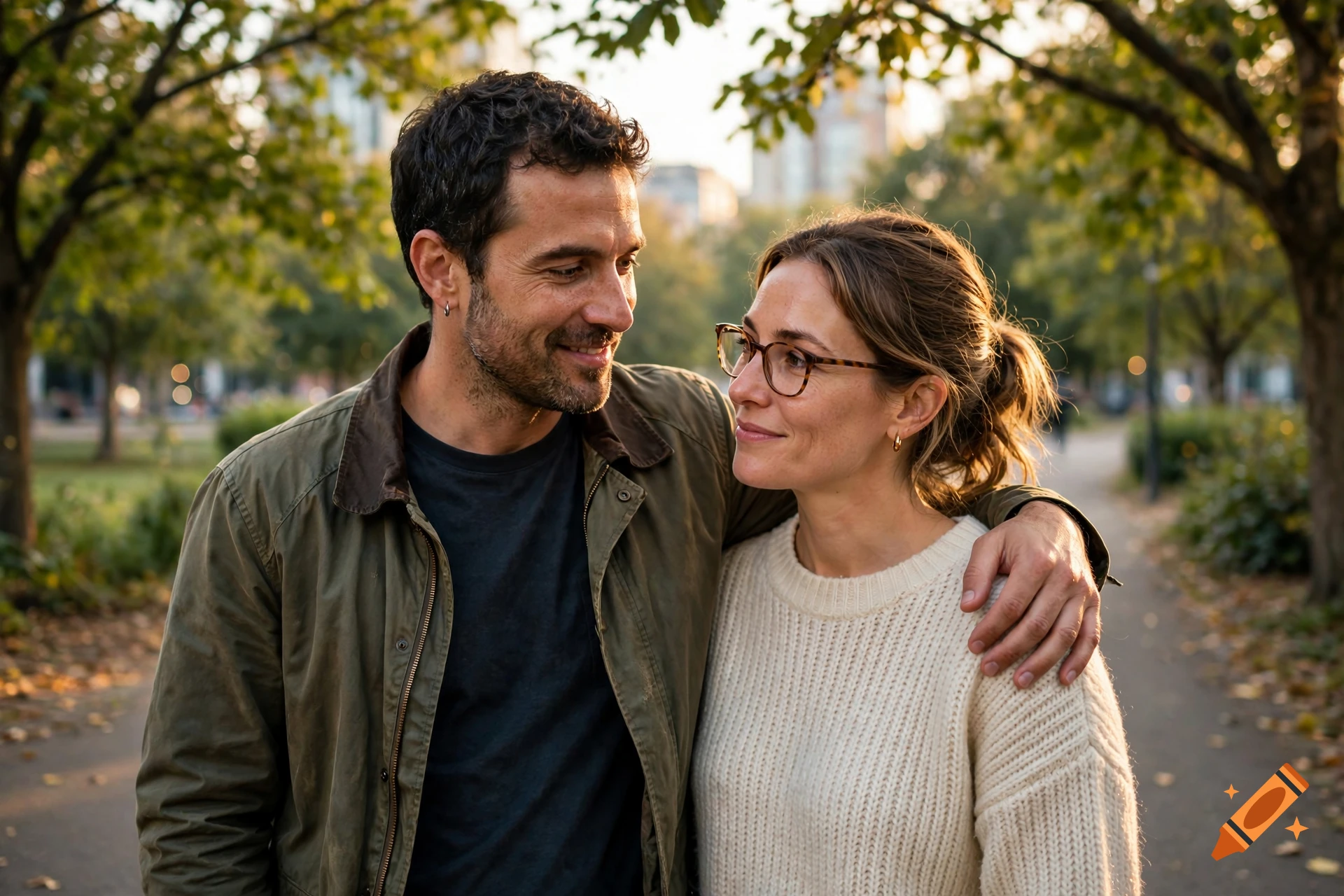 Photorealistic image of a man and a woman smiling at each other in a park, with the man's arm around her shoulder.