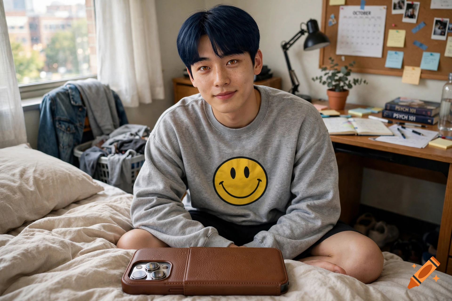 Hyperrealistic photo of a young Korean man with navy blue hair and a smiley face sweatshirt sitting on a bed in a dorm room.