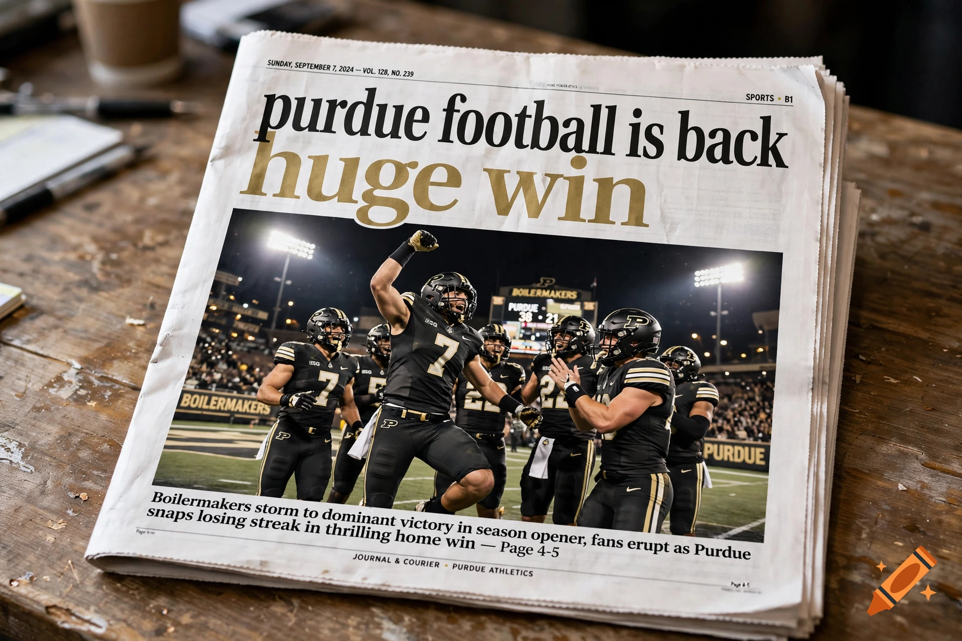 A photorealistic newspaper on a wooden table with the headline 'Purdue football is back huge win' featuring celebrating football players.