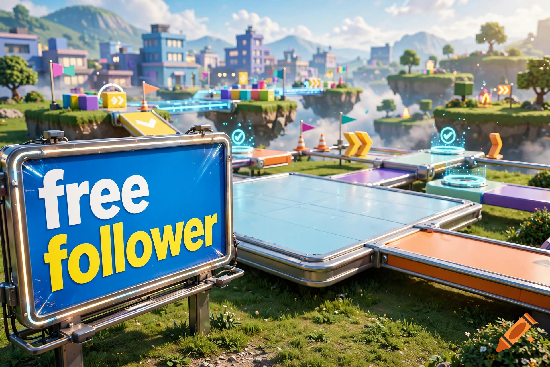 Roblox-style game background featuring floating islands, colorful buildings, and a large blue sign reading free follower.