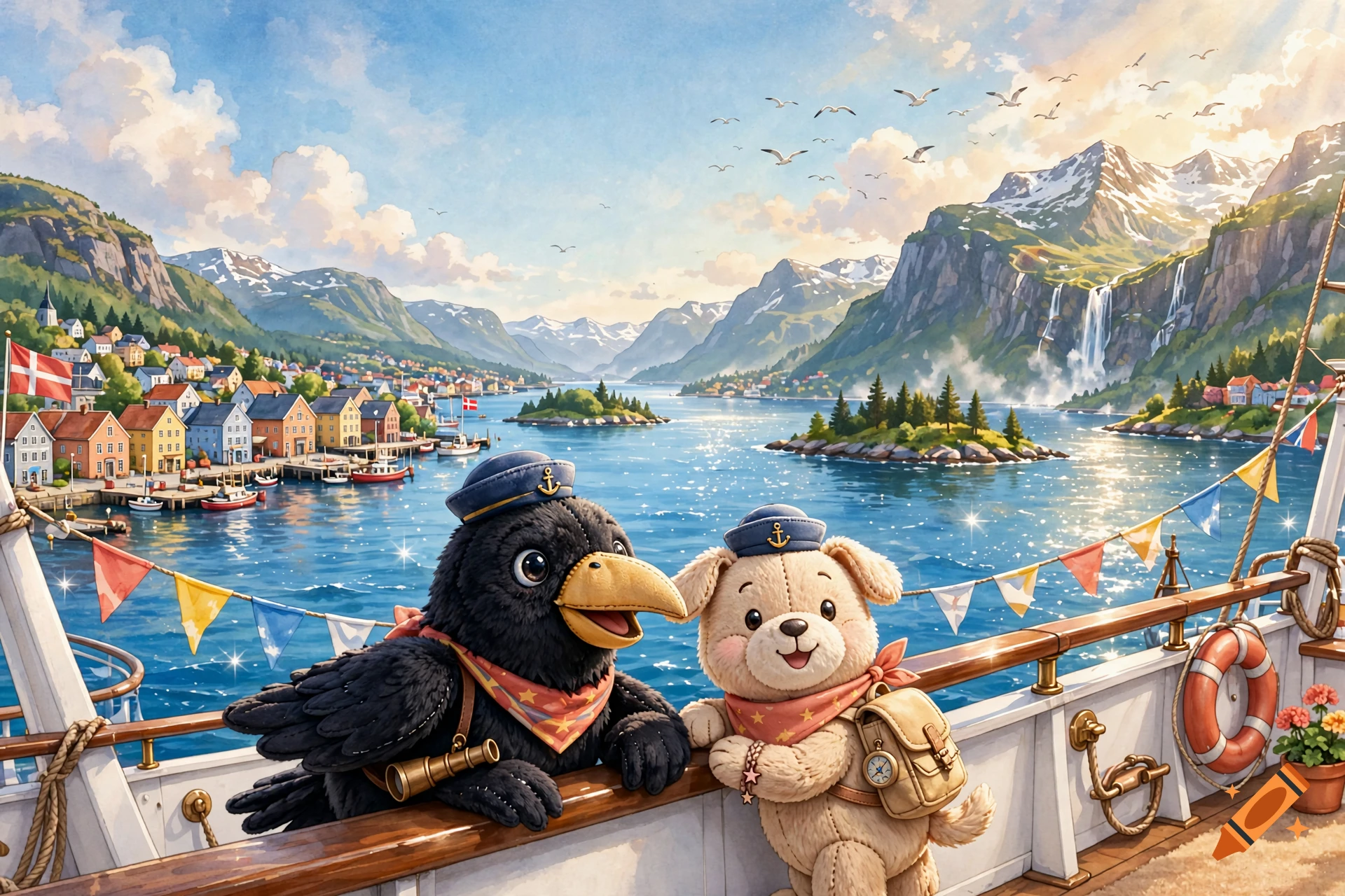 Digital illustration of a plush crow and dog in sailor hats on a cruise ship deck overlooking a Norwegian fjord with mountains and a village.
