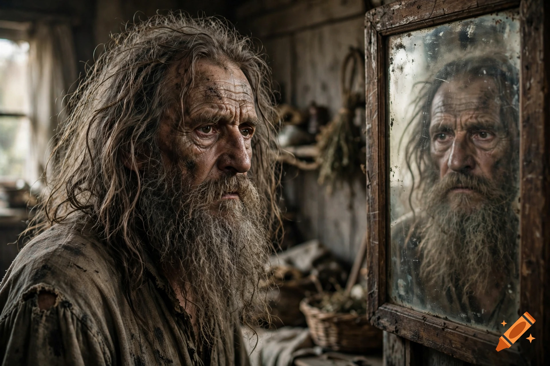 Photorealistic portrait of an old, disheveled man with a long beard and dirty face looking into a rustic mirror inside a wooden cabin.