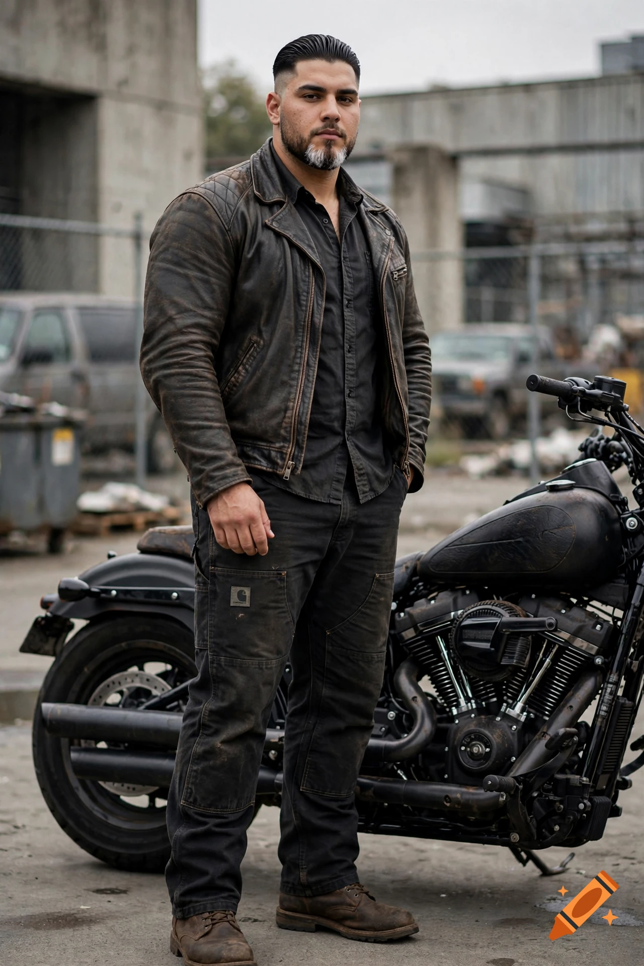Photorealistic image of a tall, muscular biker standing next to a black motorcycle, wearing a leather jacket and Carhartt pants.