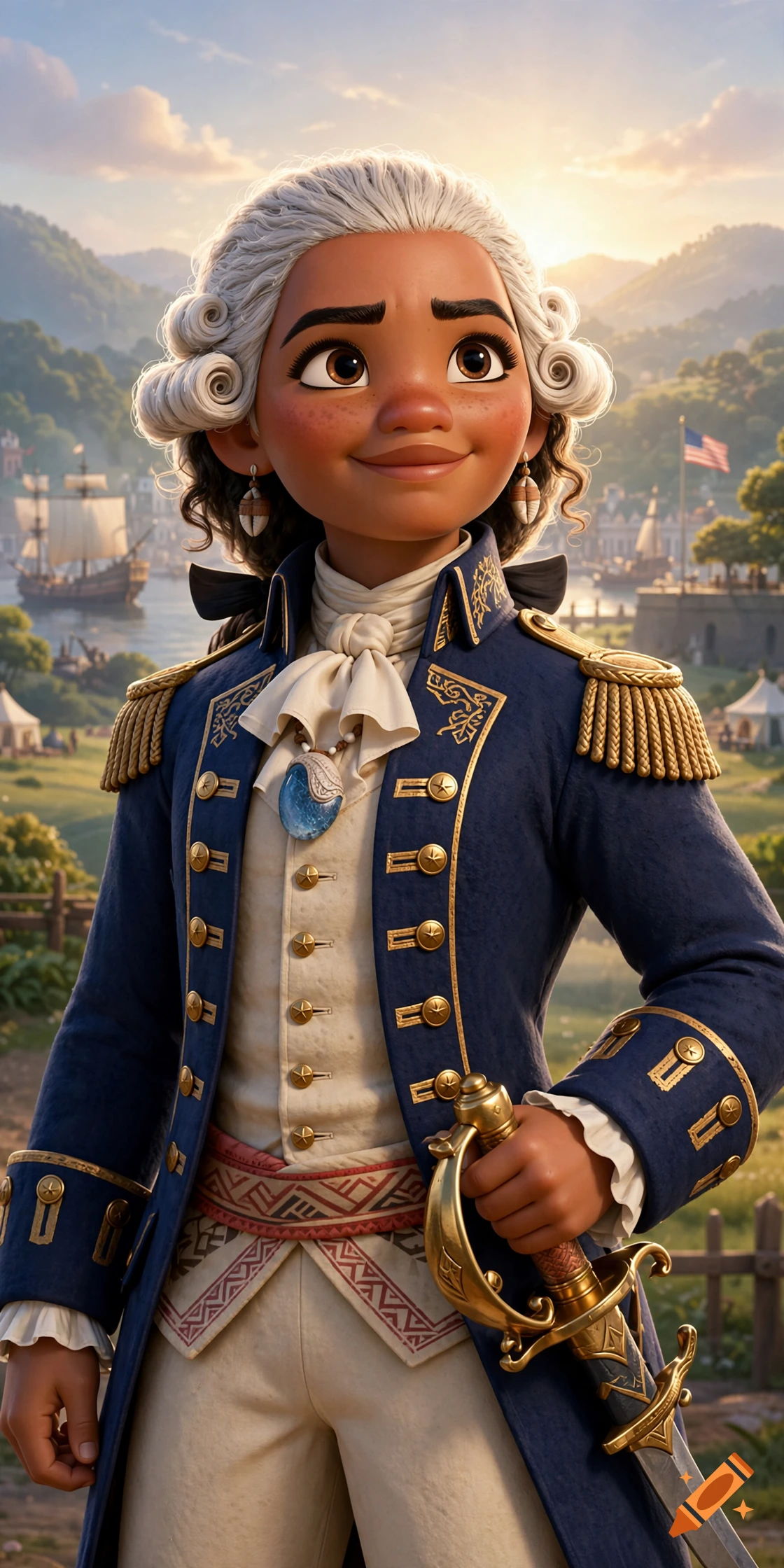 3D animated style portrait of a character resembling Moana dressed as George Washington, holding a sword.