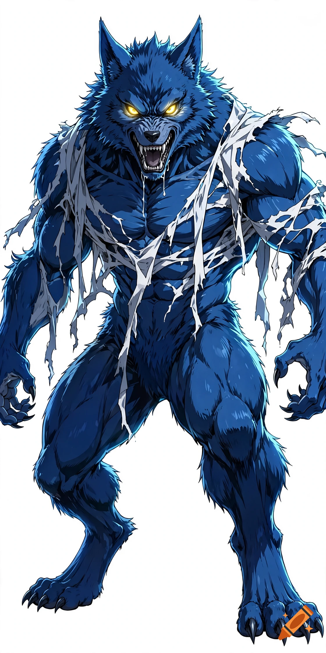 Anime style illustration of a muscular blue werewolf with yellow glowing eyes and a torn white shirt, standing against a white background.