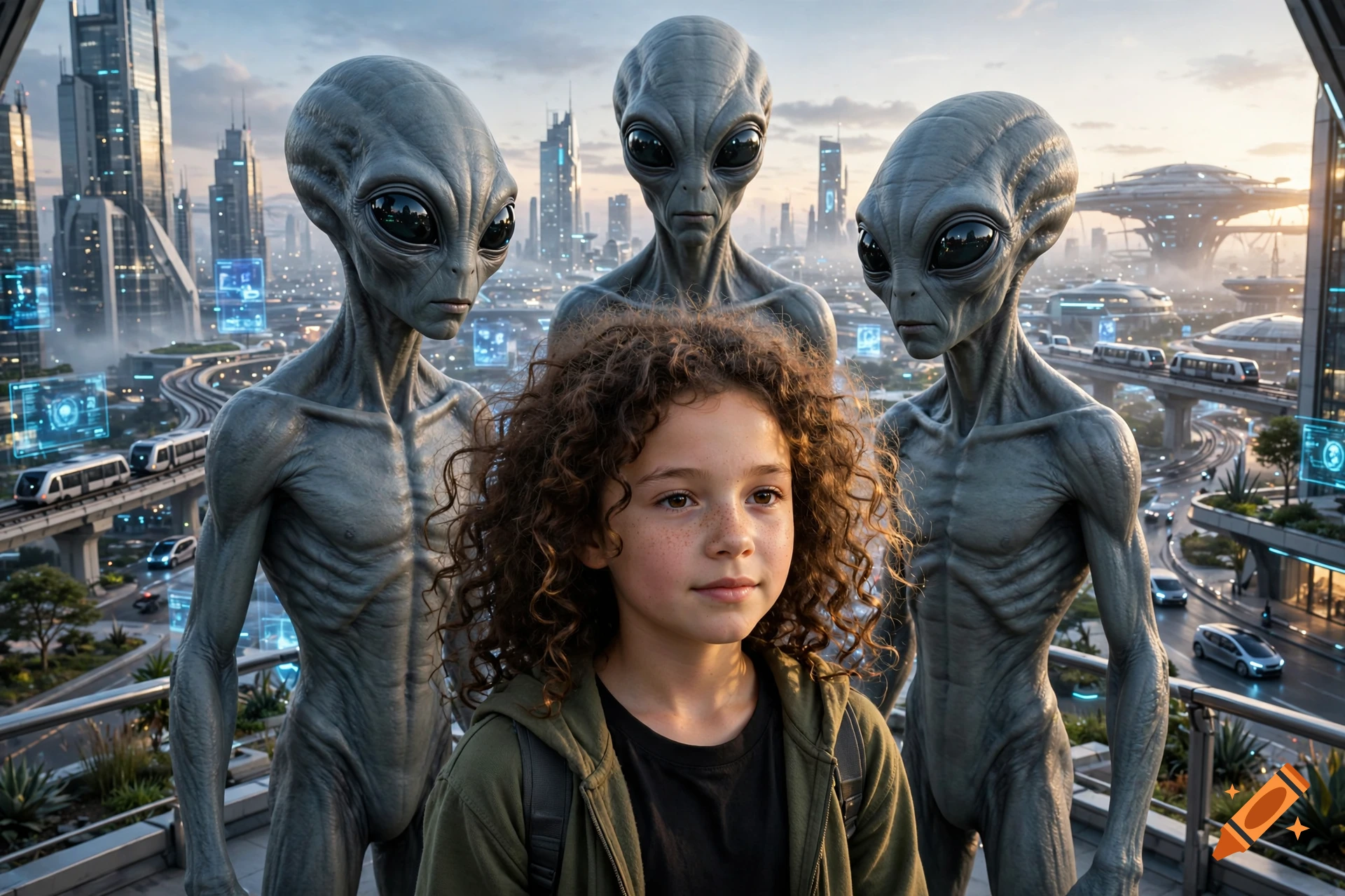 Photorealistic image of a young girl with curly hair standing between three grey aliens on a futuristic city balcony.
