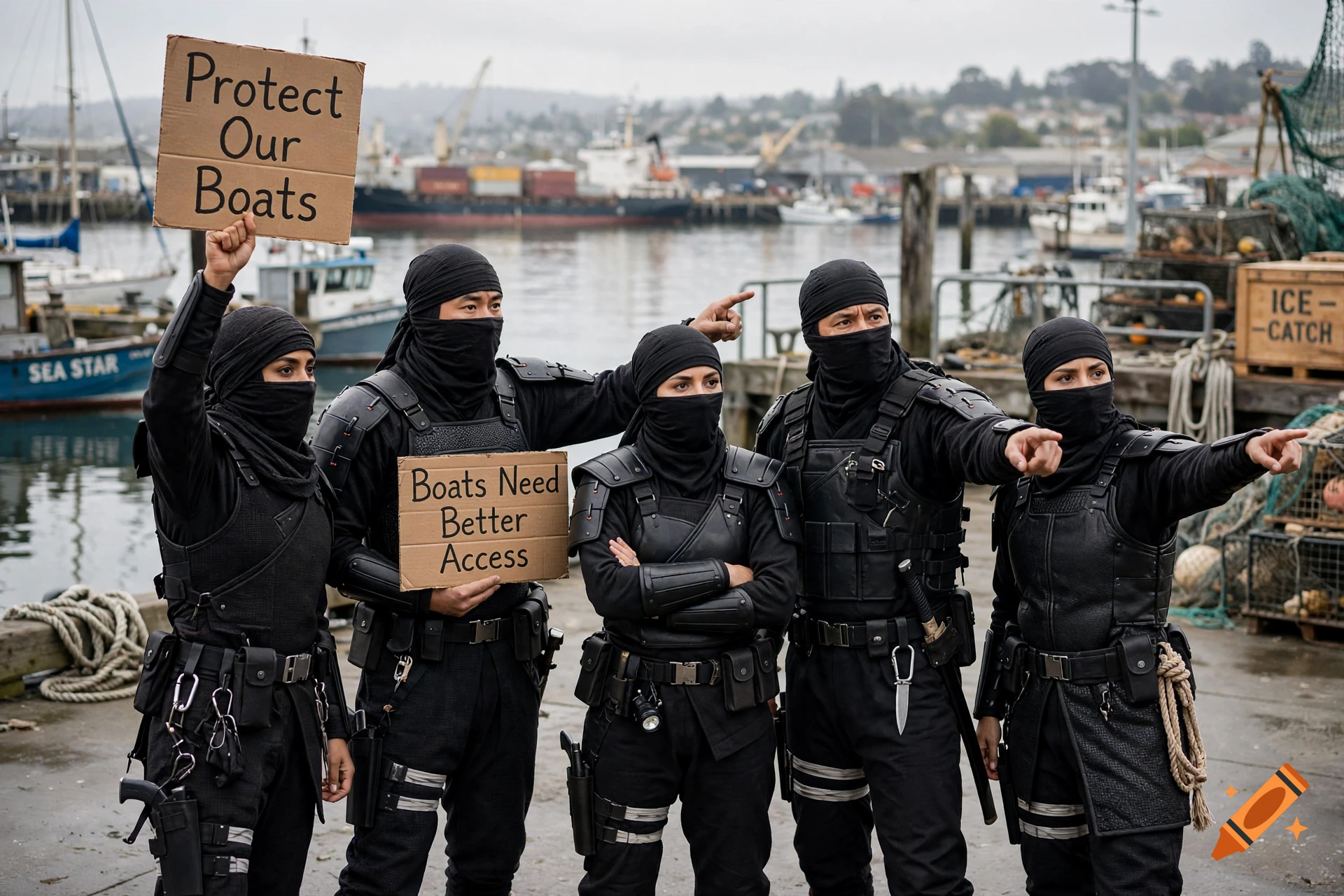 Five ninjas in black tactical gear and face masks protesting with cardboard signs at a harbor.
