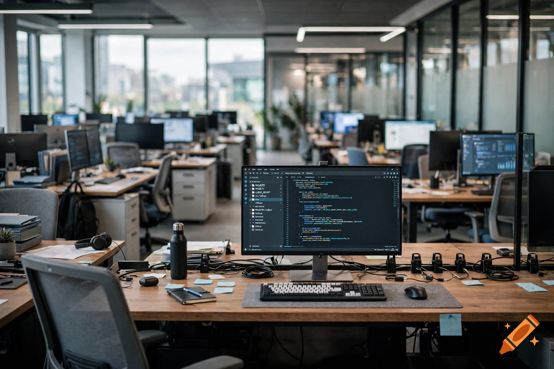 Cinematic photorealistic view of a modern office space with multiple desks, computers, and code on a monitor.