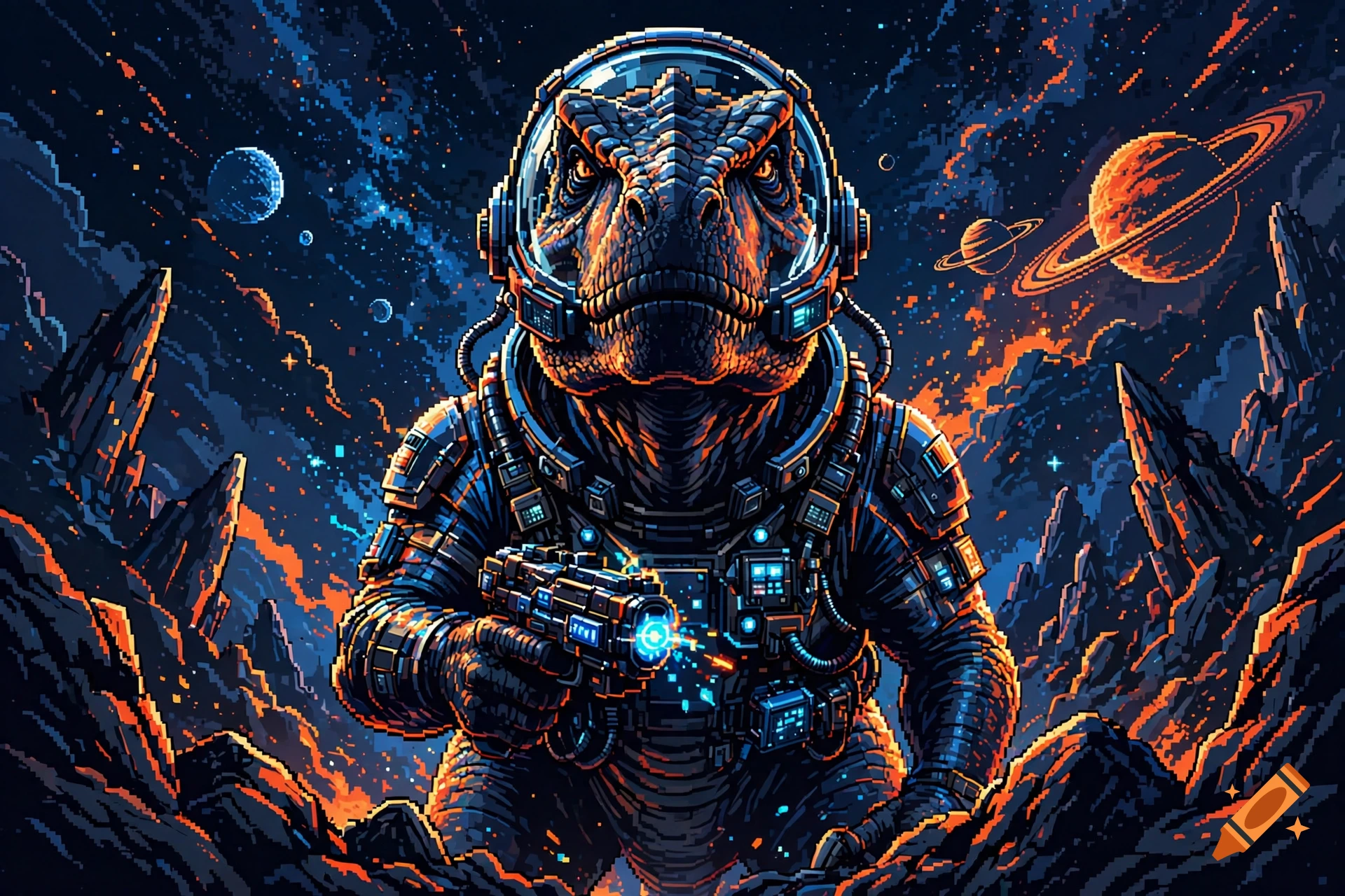 Pixel art of a dinosaur astronaut in a spacesuit holding a blaster on an alien planet with planets in the background.