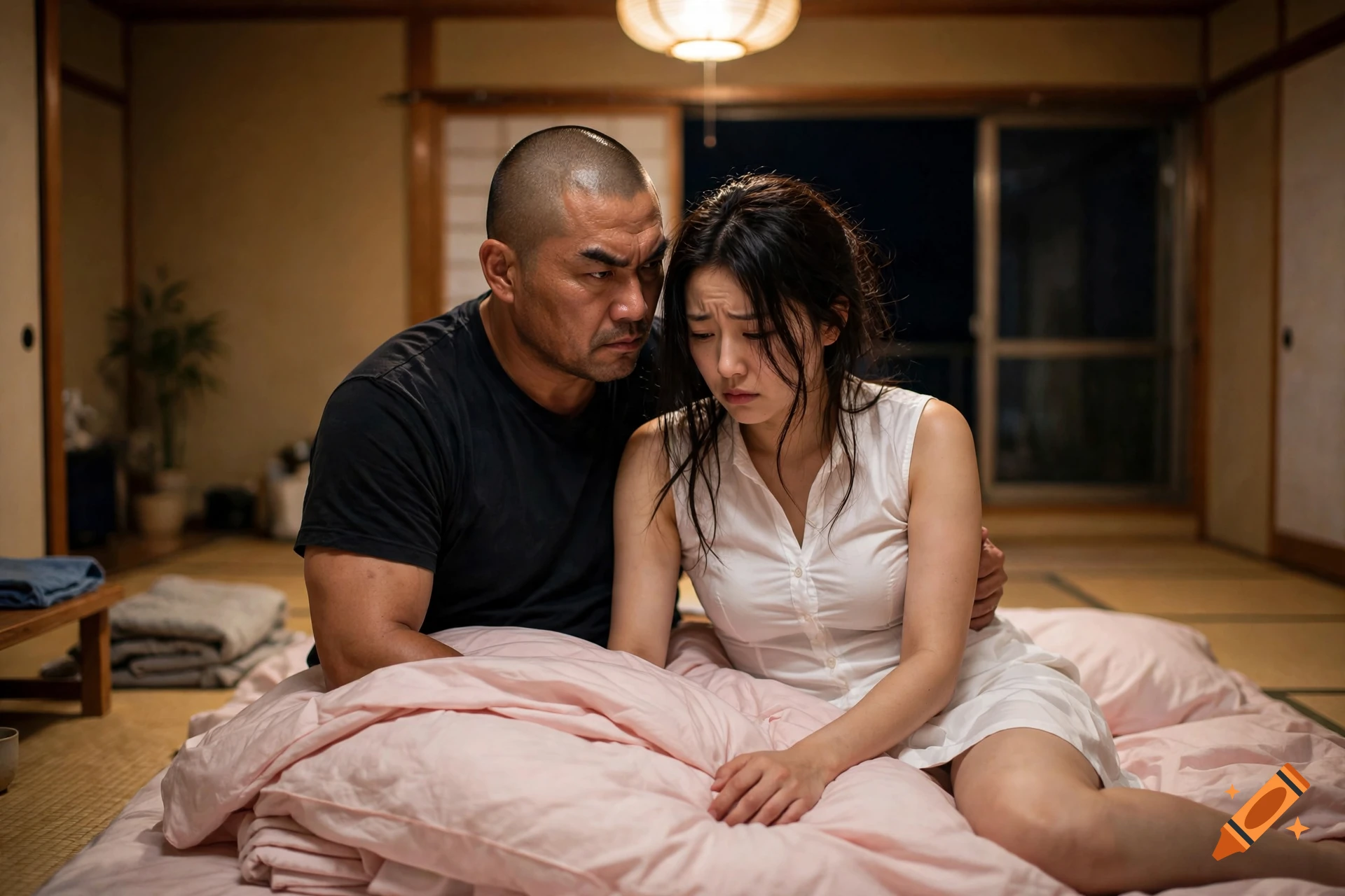 Photorealistic scene of a serious-looking man with a shaved head and a distressed woman sitting together on tatami mats in a Japanese room.