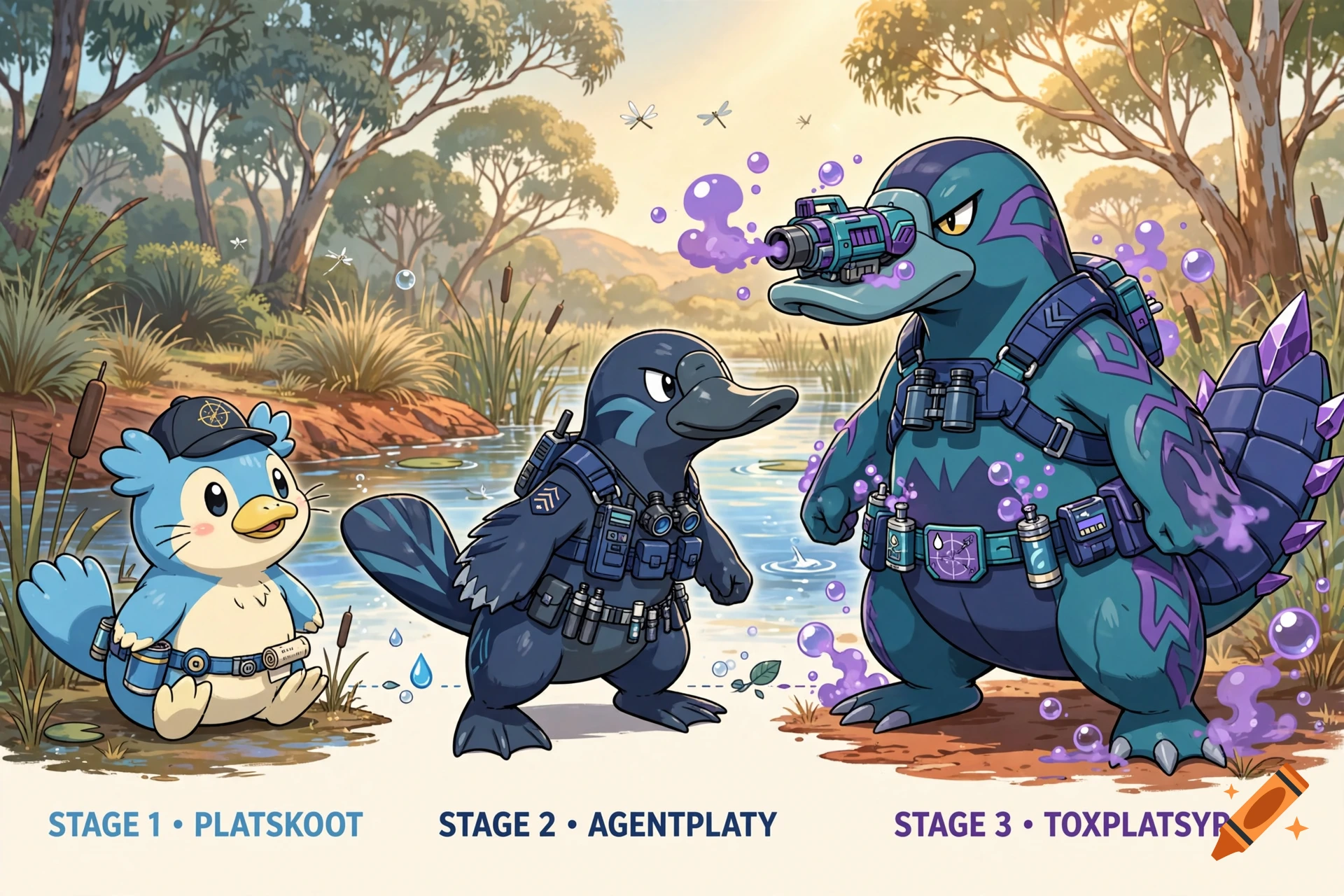 Digital illustration of three stages of a platypus spy pokemon evolution in a wetland setting with Australian trees.