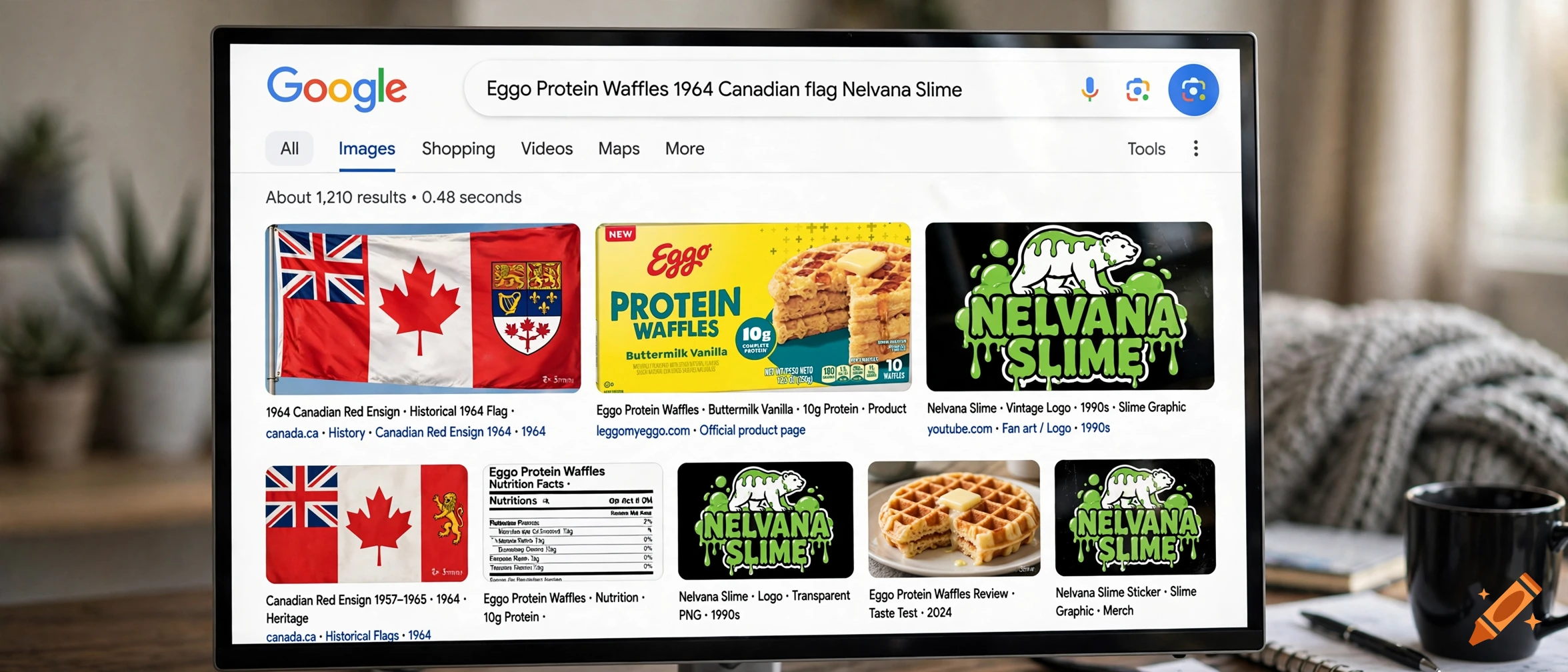 A computer monitor displaying a Google image search results page with various thumbnails and text.
