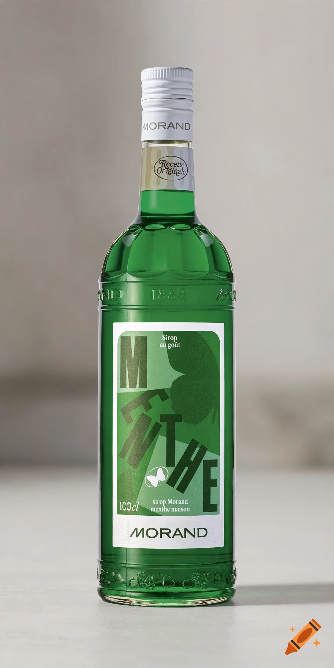Photorealistic vertical shot of a green mint syrup bottle with white cap on a neutral surface.