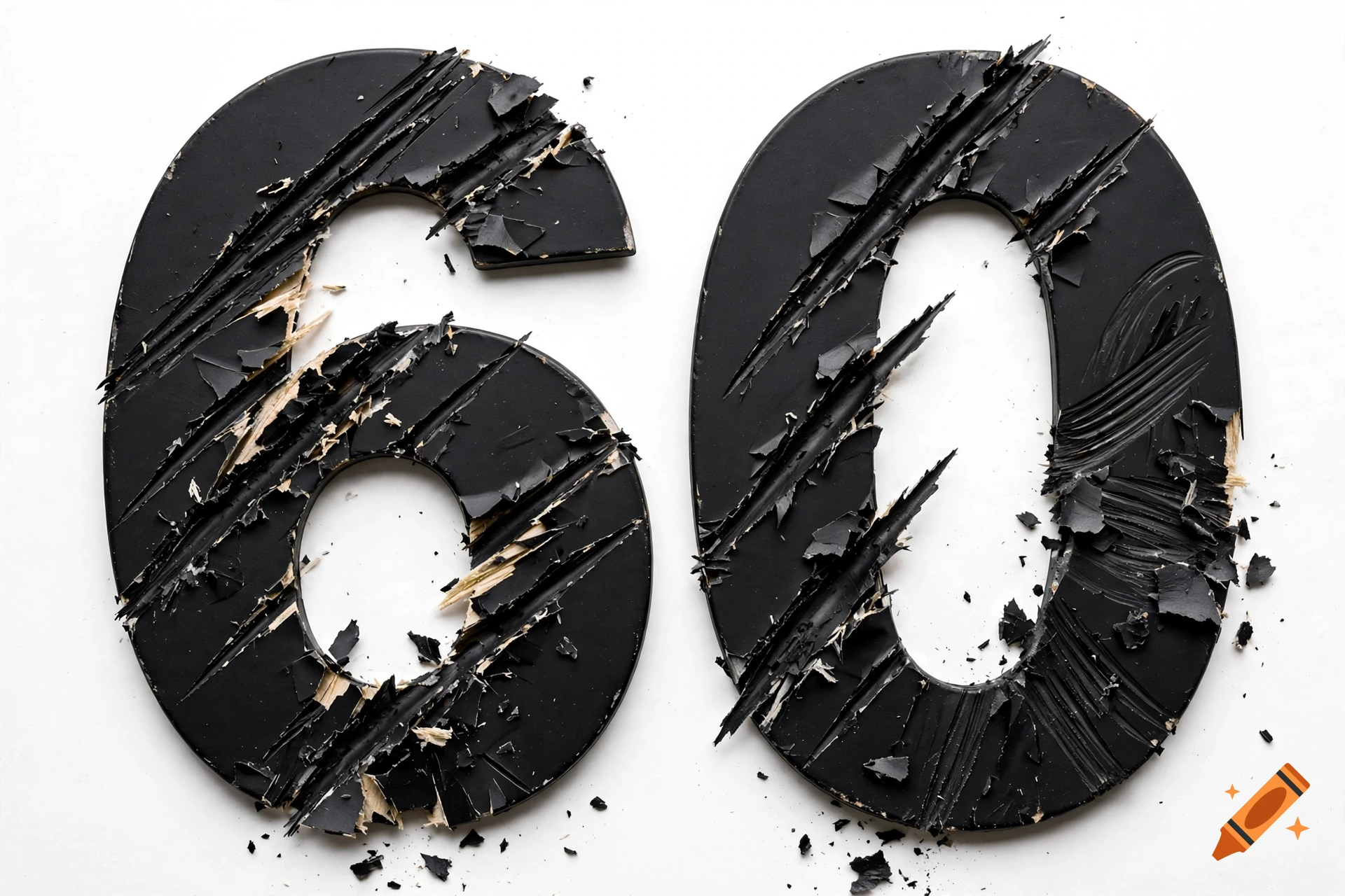 The number 60 rendered in black, scratched material on a clean white background.