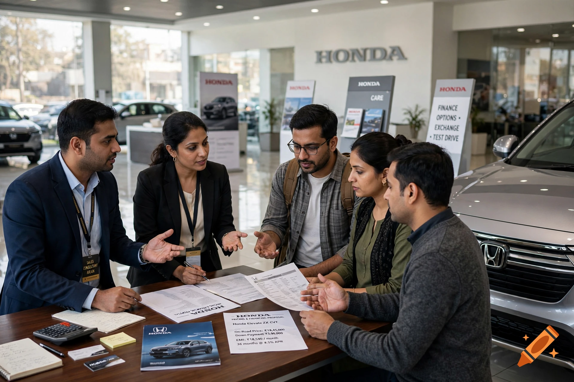 Five Indian adults gathered around a wooden table in a Honda showroom, discussing car paperwork with a sales consultant.