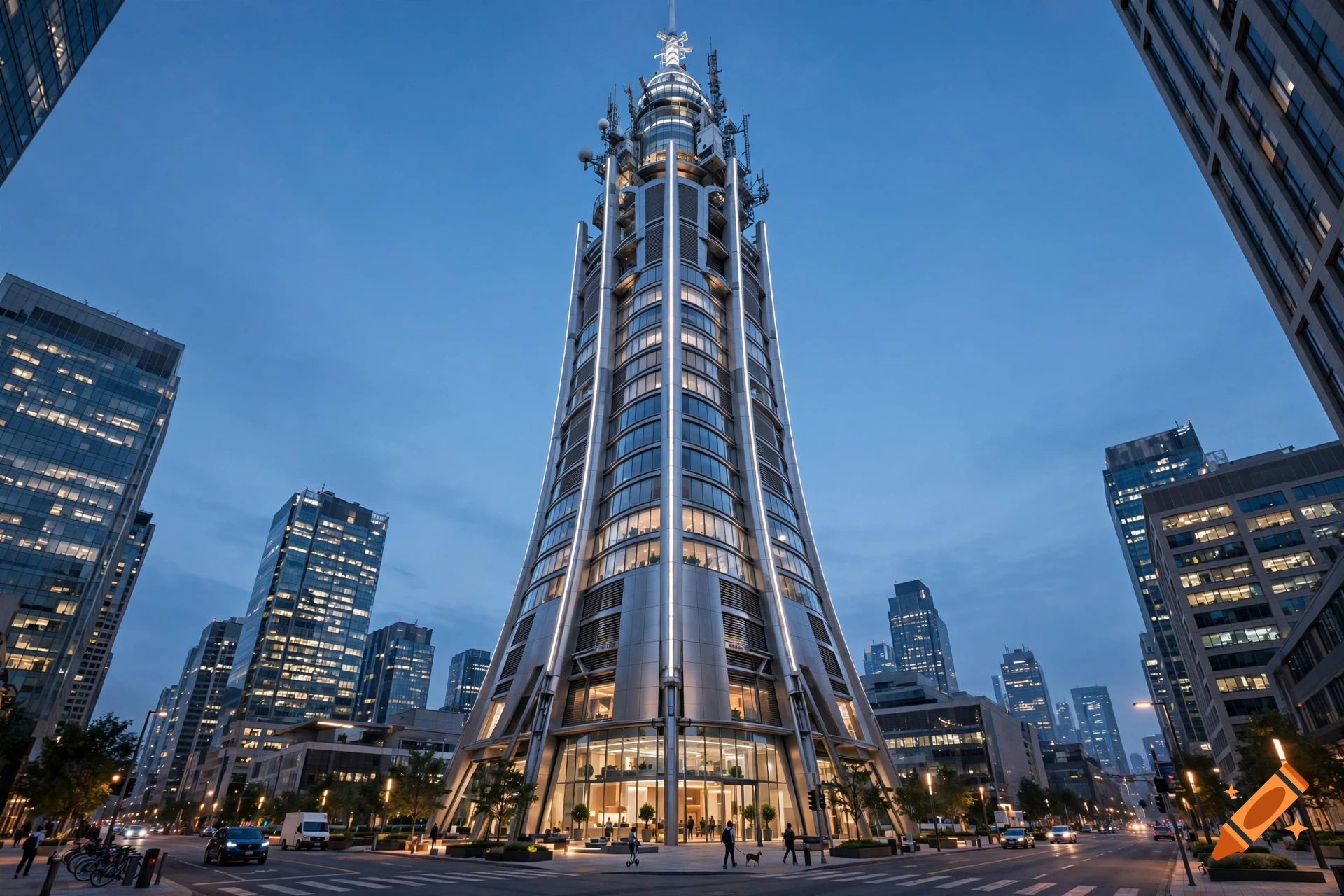 Photorealistic view of a futuristic glass and steel skyscraper tower at dusk in a modern city street.