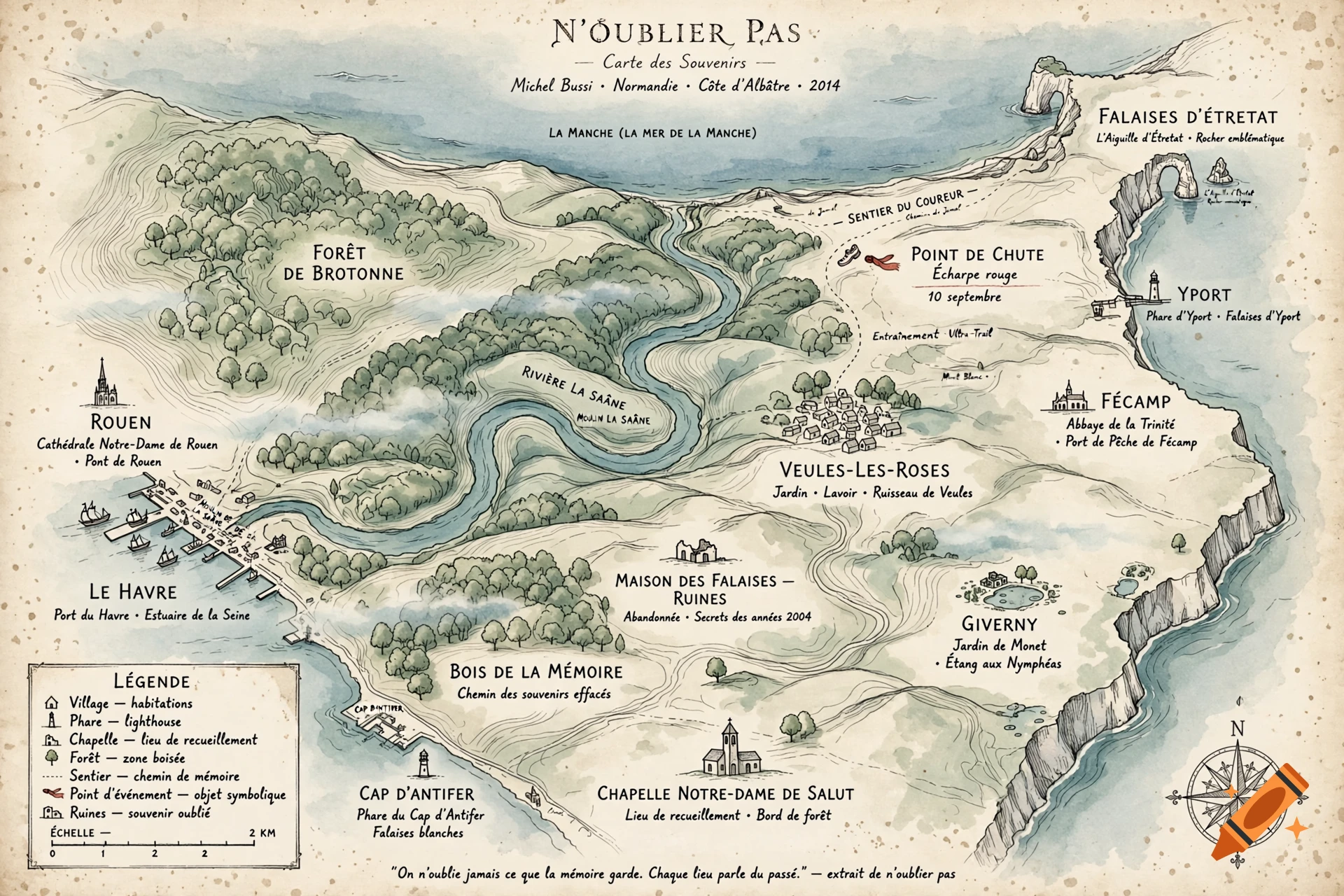 Detailed illustrated fantasy map in vintage watercolor style depicting rivers, forests, coastal cliffs, and location names.
