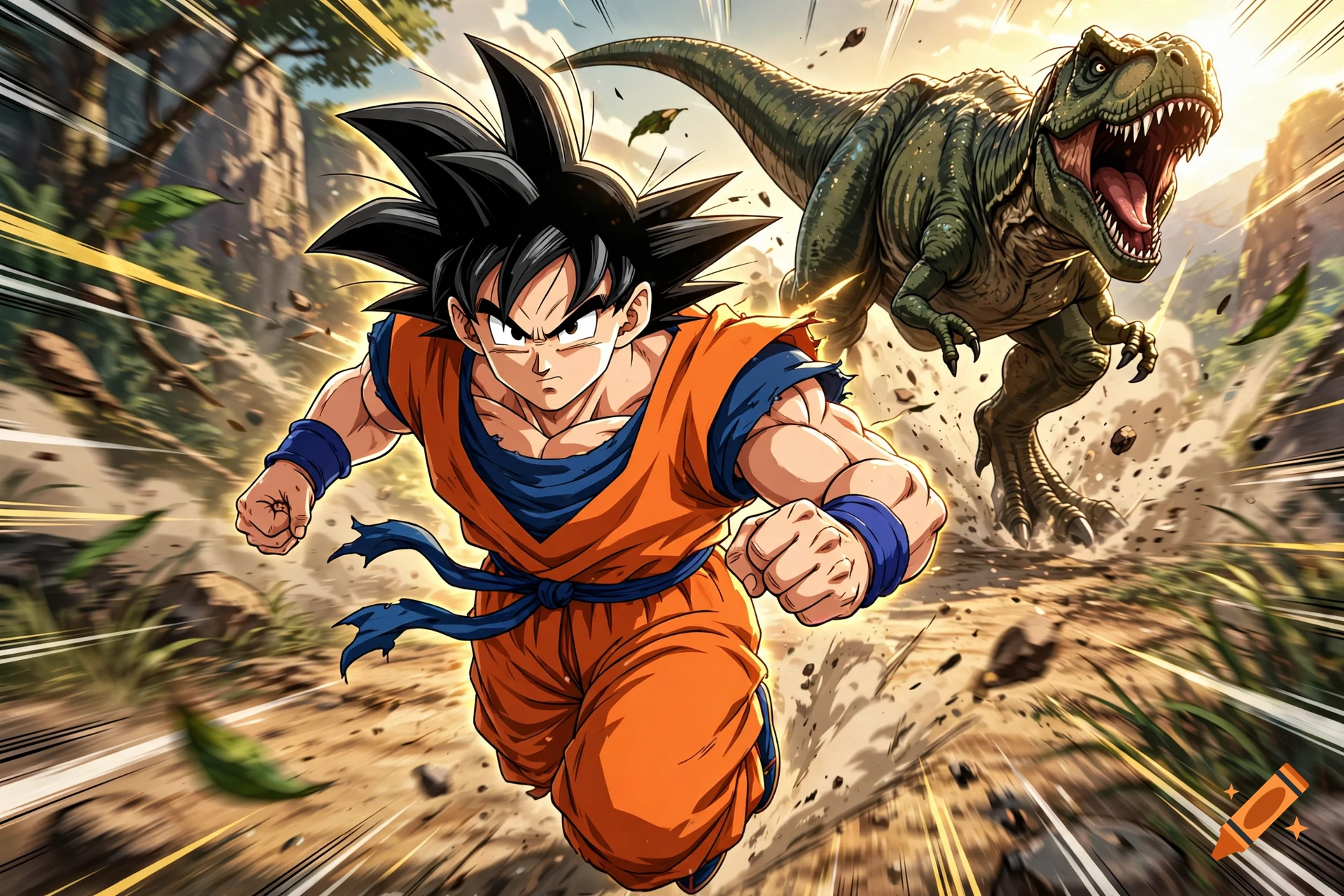 Anime style illustration of Goku running away from a roaring T-Rex dinosaur in a dusty jungle.